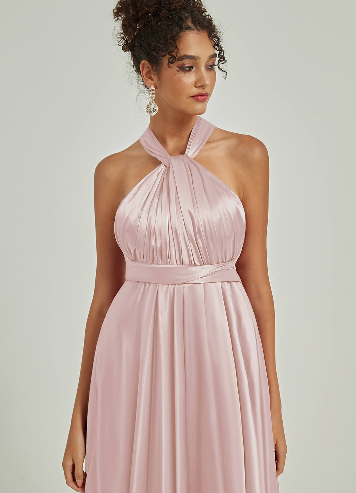 Blush Satin Convertible Bridesmaid Dress - Multi-Way Wrap A-Line Gown for Weddings, Prom & Formal Events | Adjustable Straps & Flowy Skirt