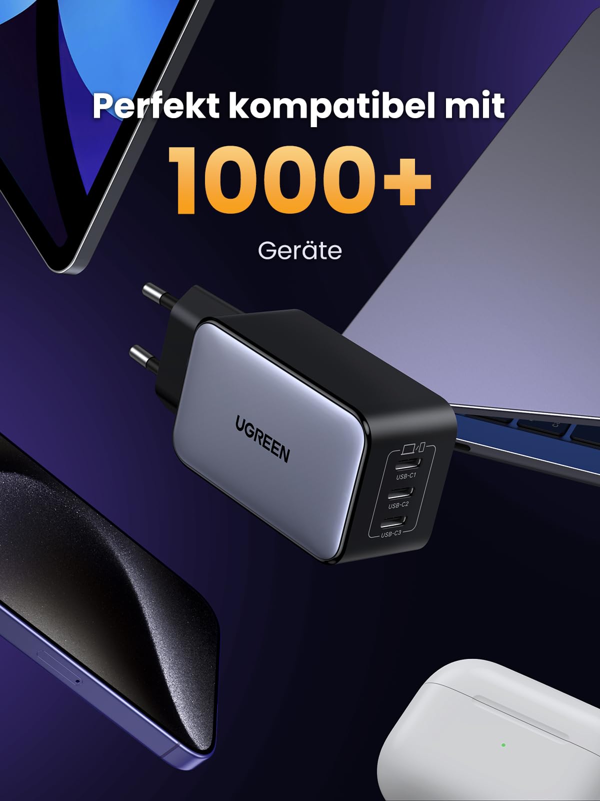 UGREEN Nexode 65W GaN USB C Fast Charger with 3 Ports - Compact PD Charger for MacBook Pro/Air, HP Laptop, iPad Pro, iPhone 16/16 Pro, Galaxy S24 - Perfect for Travel, Office & Home Charging