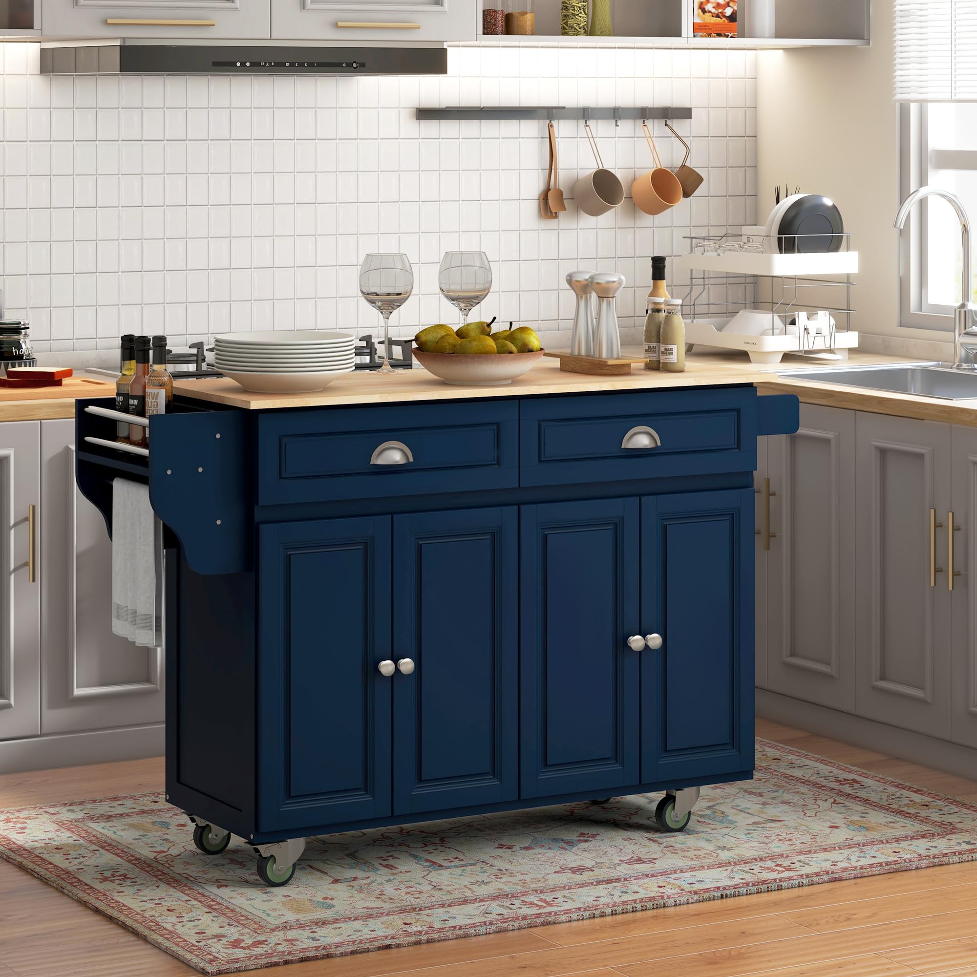 HOMCOM Rolling Kitchen Island Cart with Drop Leaf - Mobile Kitchen Cart with Rubber Wood Top, 2 Drawers & 2 Storage Cabinets - Kitchen & Dining Room Organizer in Dark Blue | Perfect for Small Spaces, Food Prep, and Extra Counter Space