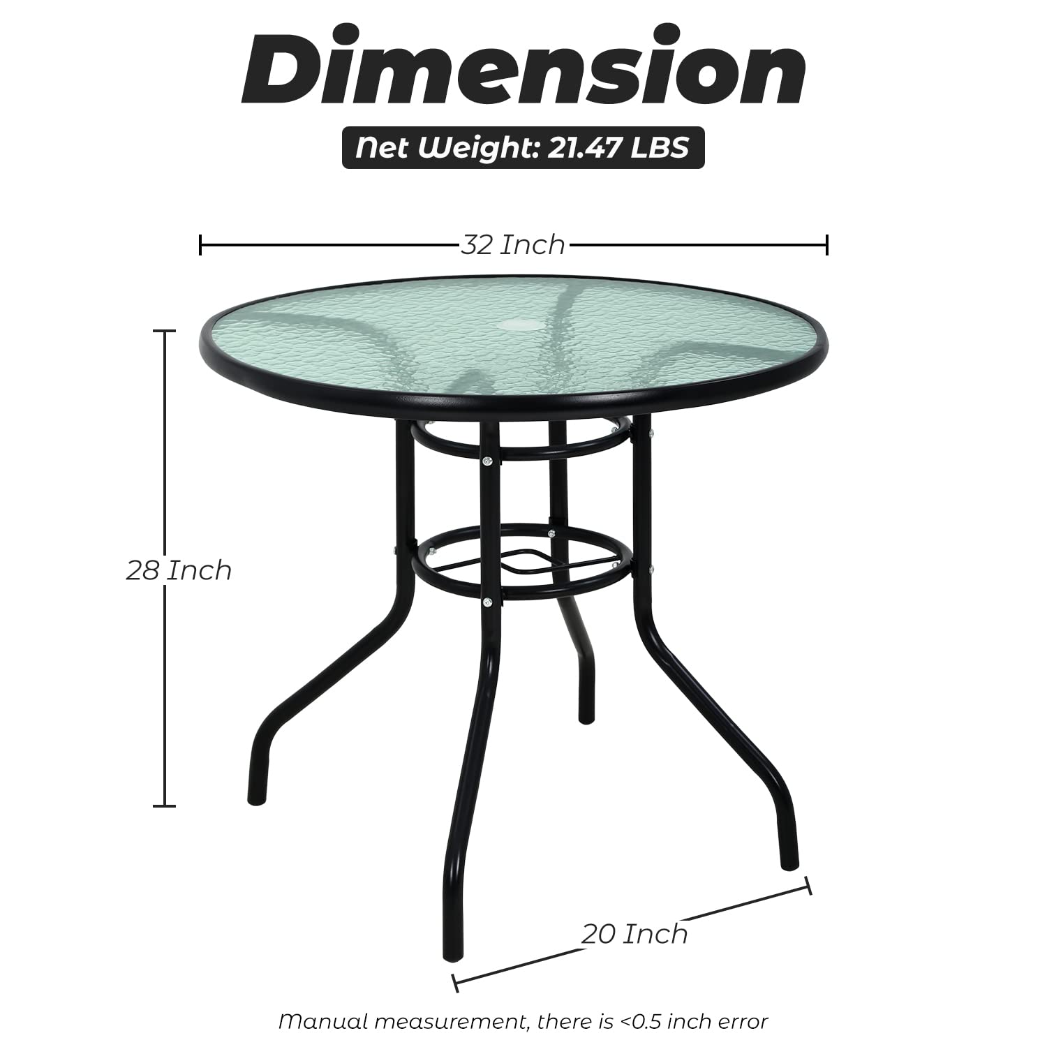 Outdoor Bistro Table with Umbrella Hole - Small Patio Dining Set, All-Weather Tempered Glass Top, Perfect for Balcony, Garden, or Backyard Conversations
