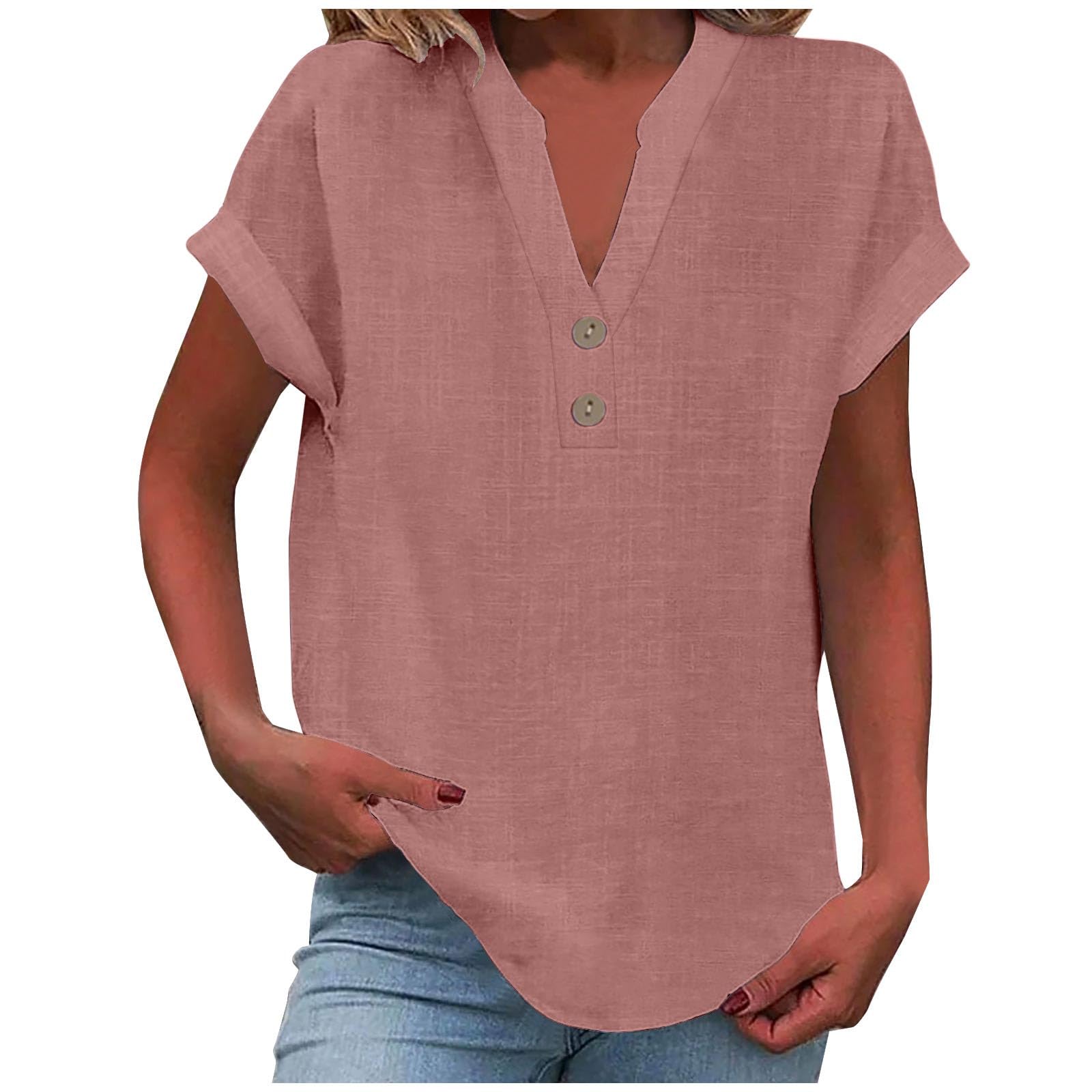 Women's Linen V-Neck Button Down Shirt - Short Sleeve Blouse for Office Work & Vacation - Breathable Vintage Style Summer Top | Perfect for Business Casual, Beach Outings & Travel Outfits