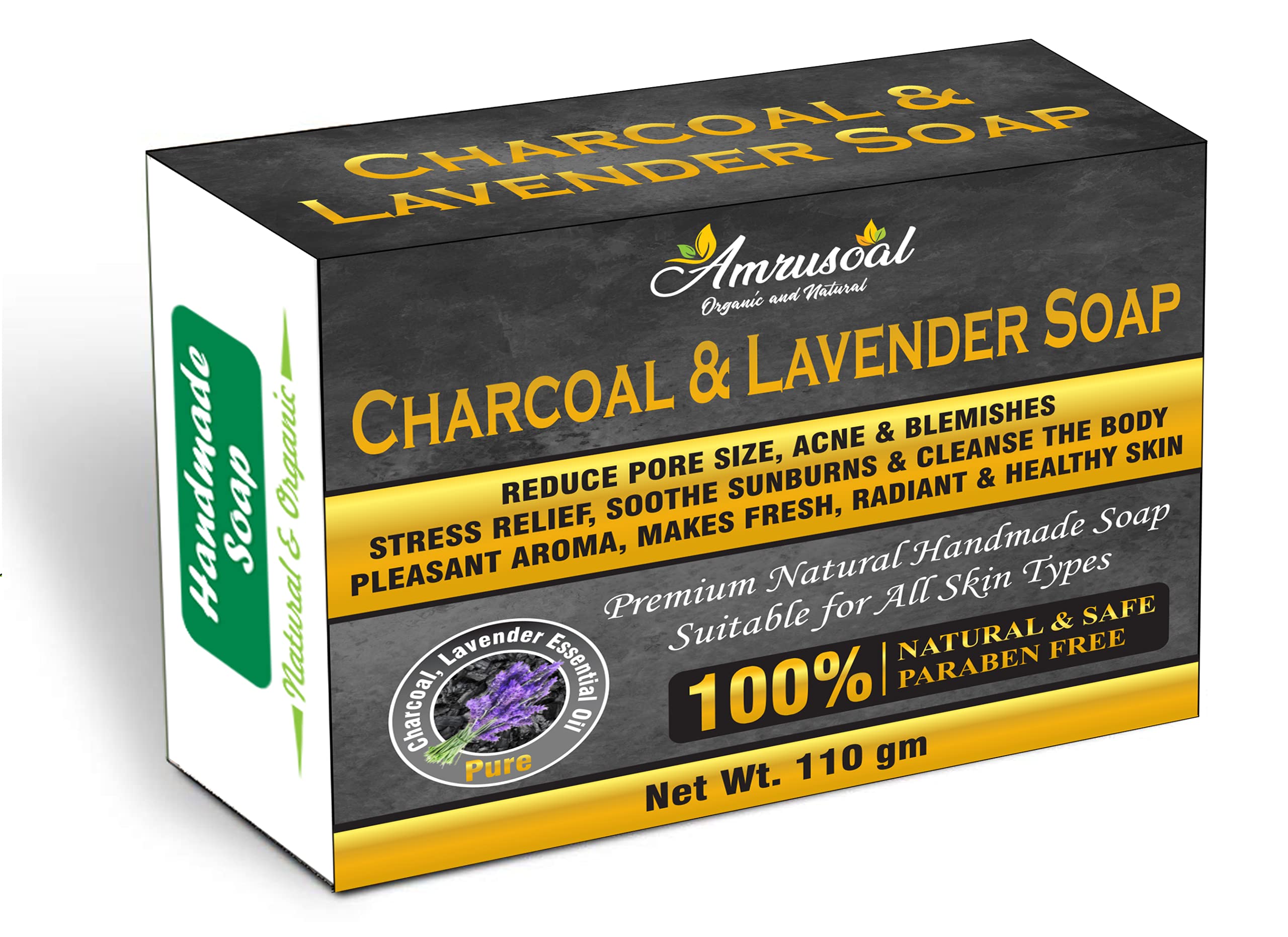 AMRUSOAL Charcoal and Lavender Soap | Natural Handmade Bath Bar for Stress Relief & Sunburn Care | Vegan, Cruelty-Free Soap for All Skin Types (110g) | Perfect for Spa Day, Gift Sets & Sensitive Skin Care Routine