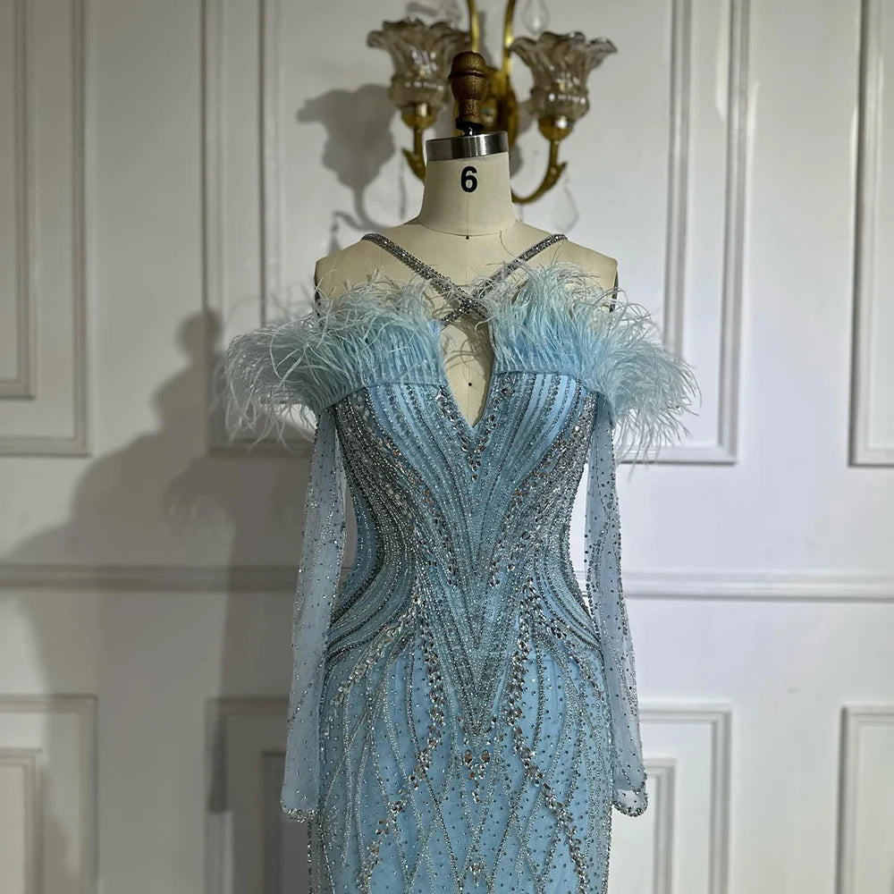 Luxury Dubai Blue Feather Beaded Mermaid Evening Gown for Women - Formal Dresses for Prom, Gala & Special Occasions - Elegant Beaded Sequin Gowns LA72836