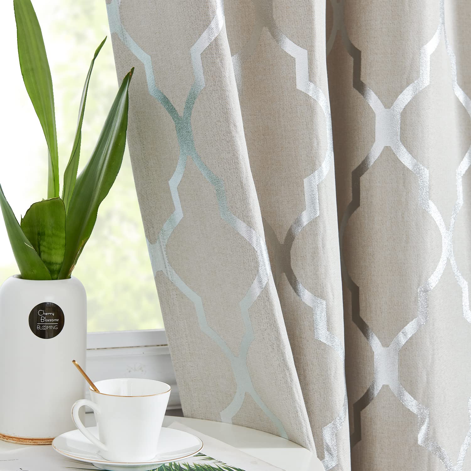 Vangao Linen Textured Blackout Curtains - Moroccan Tile Quatrefoil Foil Print Drapes (54 Inch Length, 2 Panels) Silver on Flax for Bedroom & Living Room | Thermal Insulated Window Treatments for Home Decor