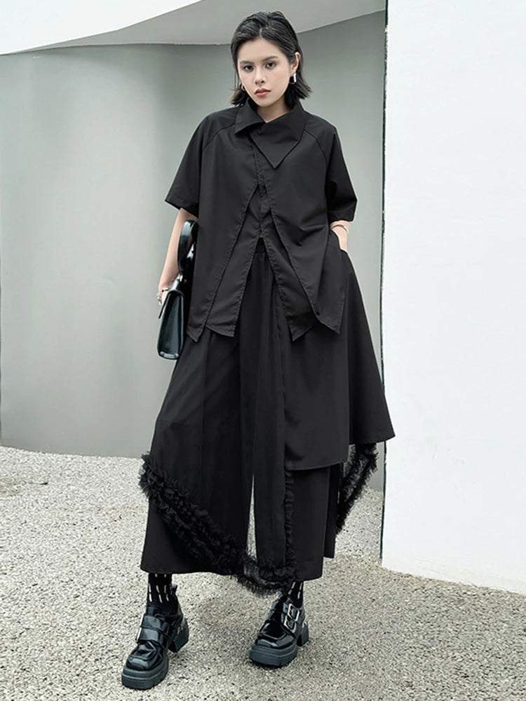 Oversized Black Asymmetrical Mesh Pantsuit Set - Fashionable Lapel Short Sleeve Two Piece Outfit for Women | Spring Summer 2025 Trendy Streetwear | Perfect for Casual Wear, Night Out & Fashion Events