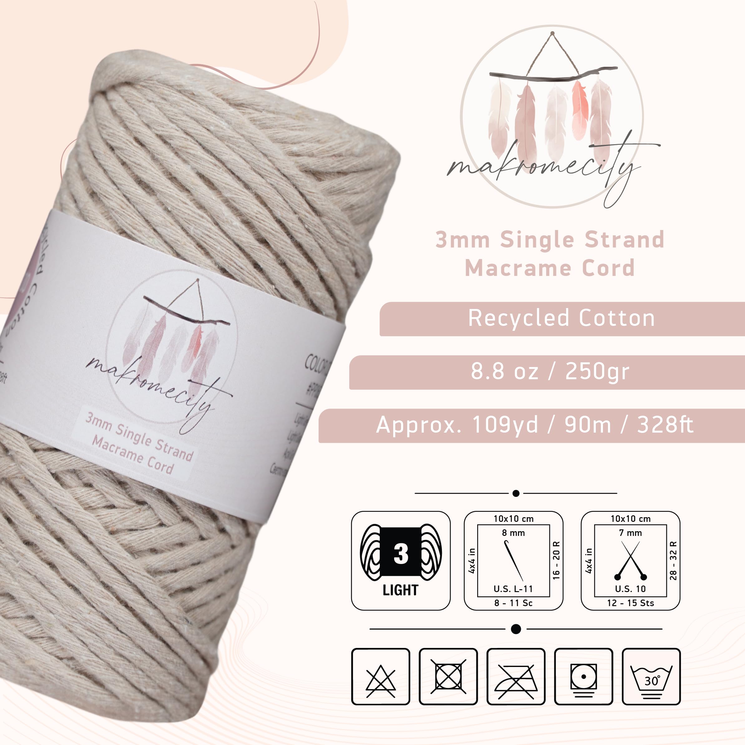 Makromecity 3mm Single Strand Macrame Cord - 100 Yards (300 Feet) Recycled Cotton Yarn for Wall Hangings, DIY Crafts & Home Decor - Perfect for Macrame Art, Jewelry Making & Boho Decor (Latte, 1 Skein)