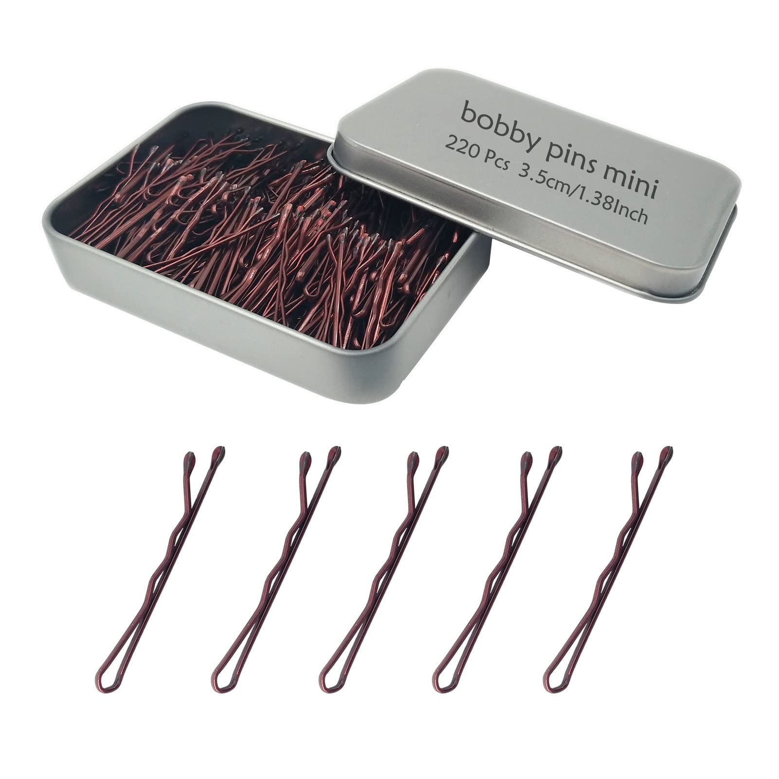 220 Count Mini Wavy 1.38 Inch Bobby Pins Brown - Small Hair Clips with Storage Box for Updos, Ponytails & Braids - Metal Hair Pins for Women, Girls & Kids - All Hair Types - Perfect for School, Work & Special Occasions