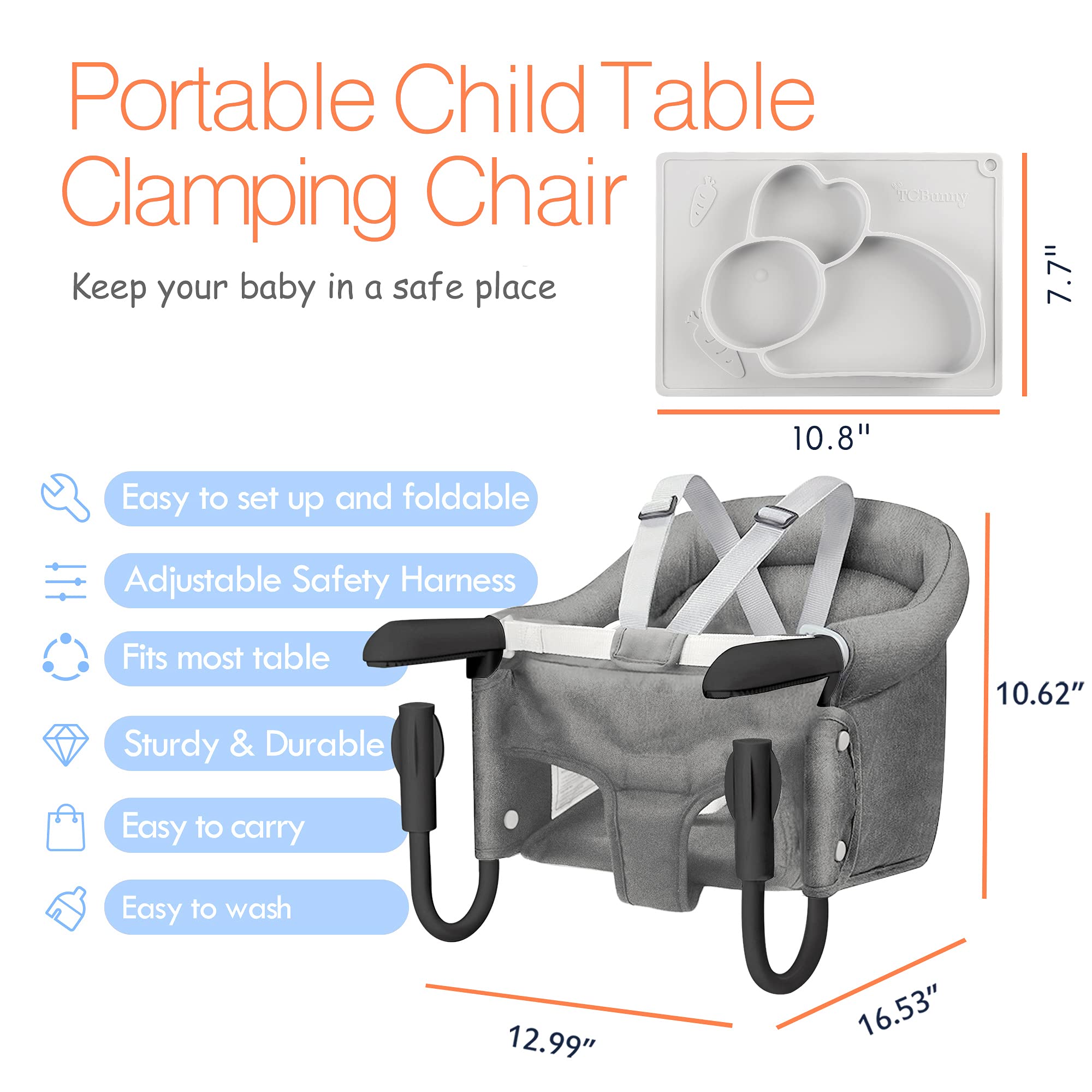 Hook On Chair with Tray - Foldable Baby High Chair with Secure Clip, Portable Feeding Seat for Home & Travel - Perfect for Dining, Outdoor Picnics & Restaurant Use (Grey)