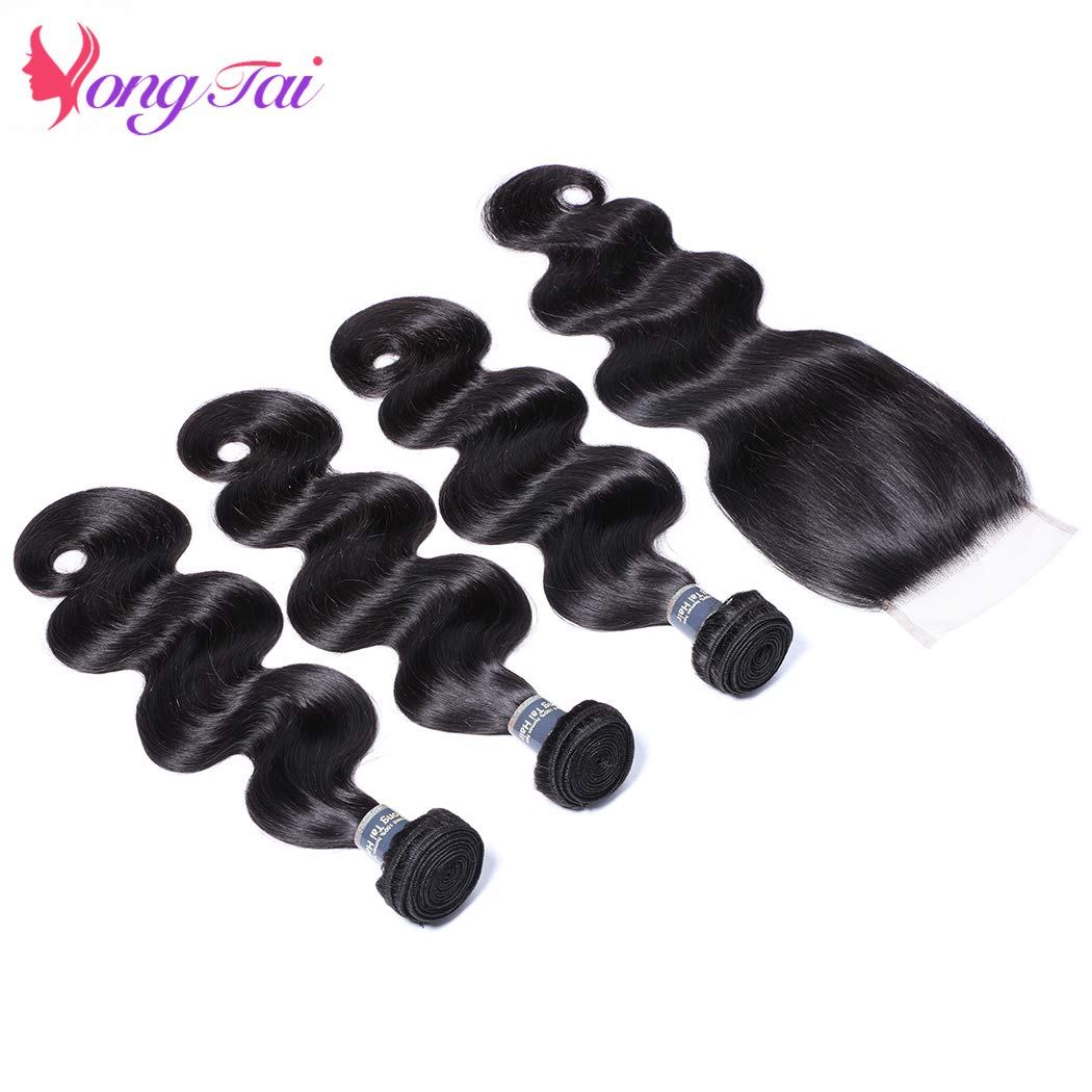 100% Unprocessed Brazilian Body Wave Virgin Hair Bundles (10 12 14+8, 1B) with 5x5 Lace Closure - Natural Human Hair Weft for Extensions & Weaves | Perfect for Daily Wear, Special Occasions & Salon Styling