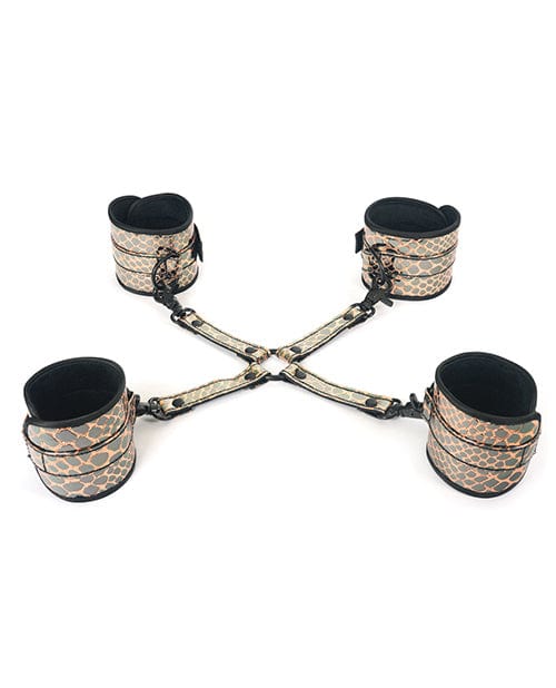 Spartacus Faux Leather Wrist & Ankle Restraints with Hog Tie in Gold - BDSM Bondage Gear for Couples & Role Play Scenes