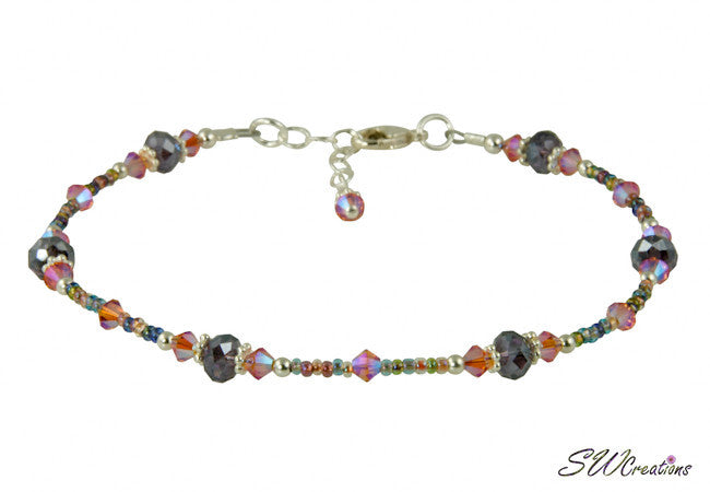 Lobelia Tanzanite Peach Crystal Beaded Anklet - Elegant Adjustable Ankle Bracelet for Women, Boho Chic Jewelry for Beach, Summer & Festival Outfits