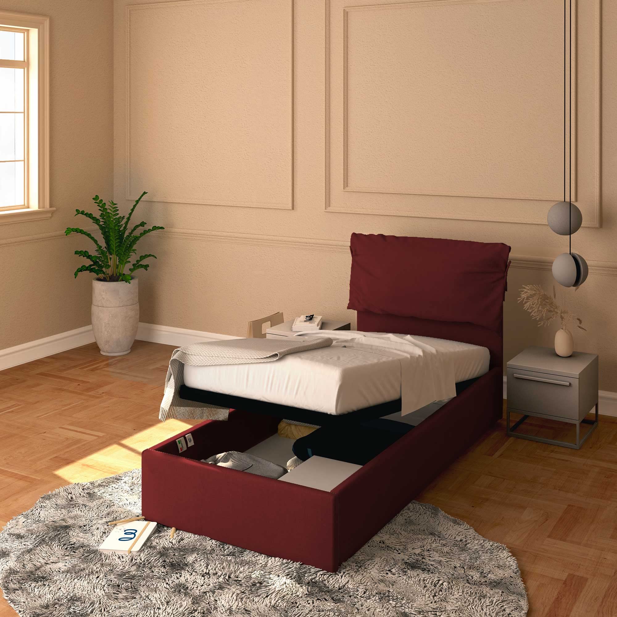 Baldiflex Single Bed with Storage - Licia Soft Synthetic Leather Upholstery, Slatted Base for Single Mattress, 80 x 190 cm, Padded Headboard, Bordeaux Red - Perfect for Small Bedrooms, Guest Rooms & Studio Apartments