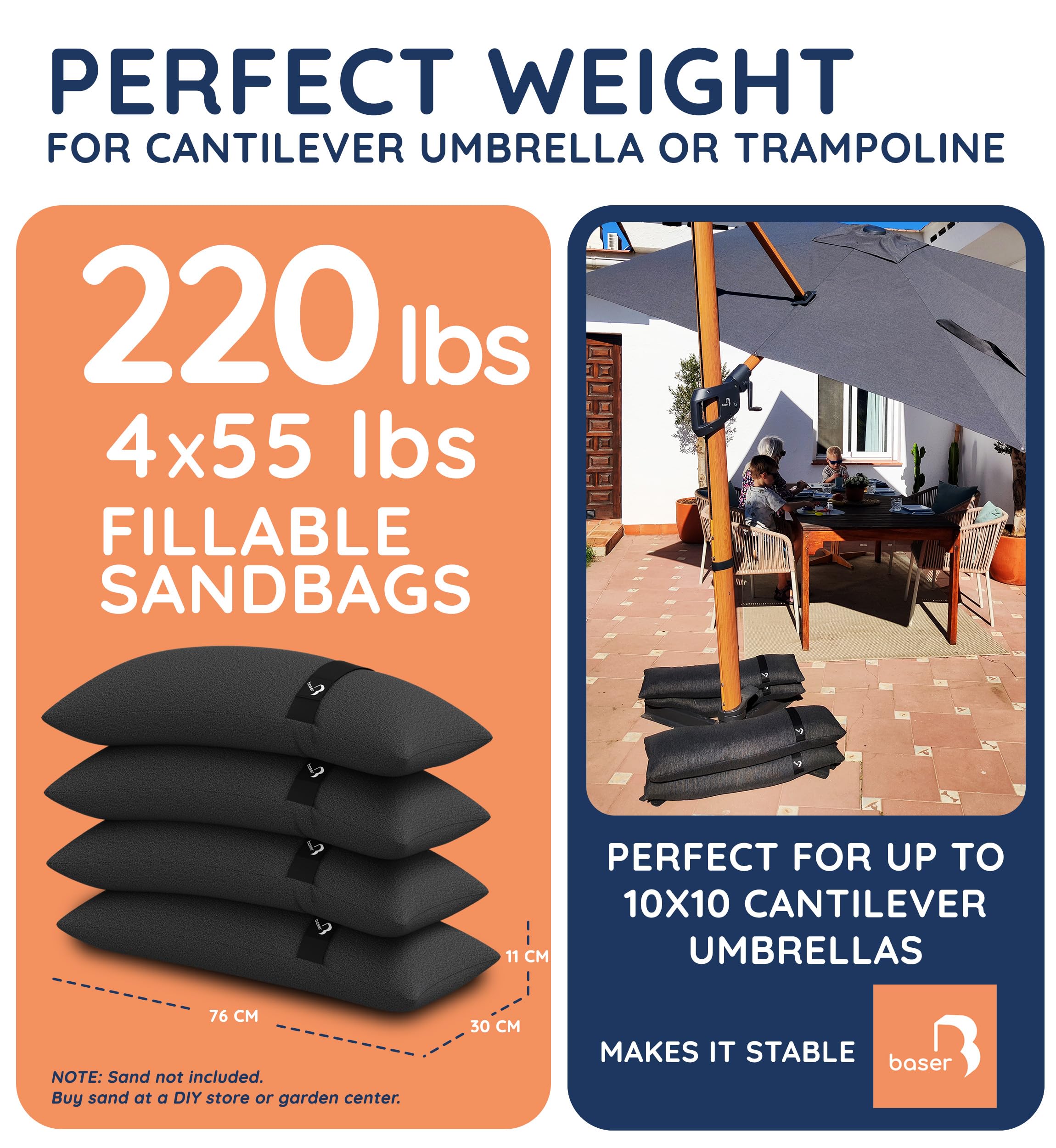 Heavy Duty Fillable Sand Bags - 4 Pack 55 LBS Weight Bags for Outdoor Umbrella Base, Cantilever Umbrella Stand & Garden Furniture - Perfect for Patio, Deck, Backyard and Poolside Use