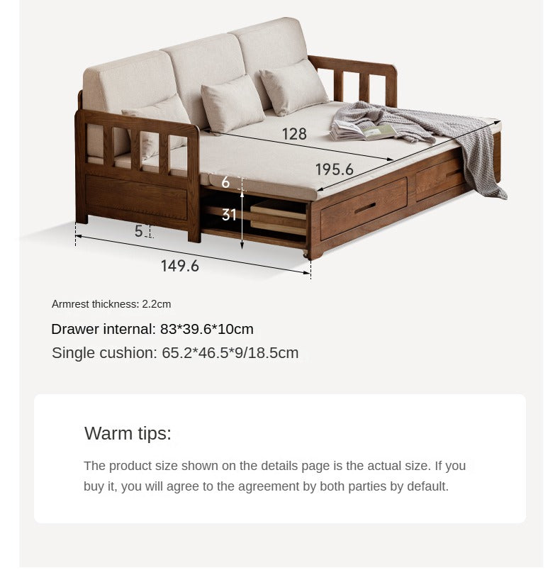 Solid Oak Wood Folding Sofa Bed with Storage | Convertible Guest Bed & Space-Saving Furniture for Small Apartments, Living Rooms & Home Offices