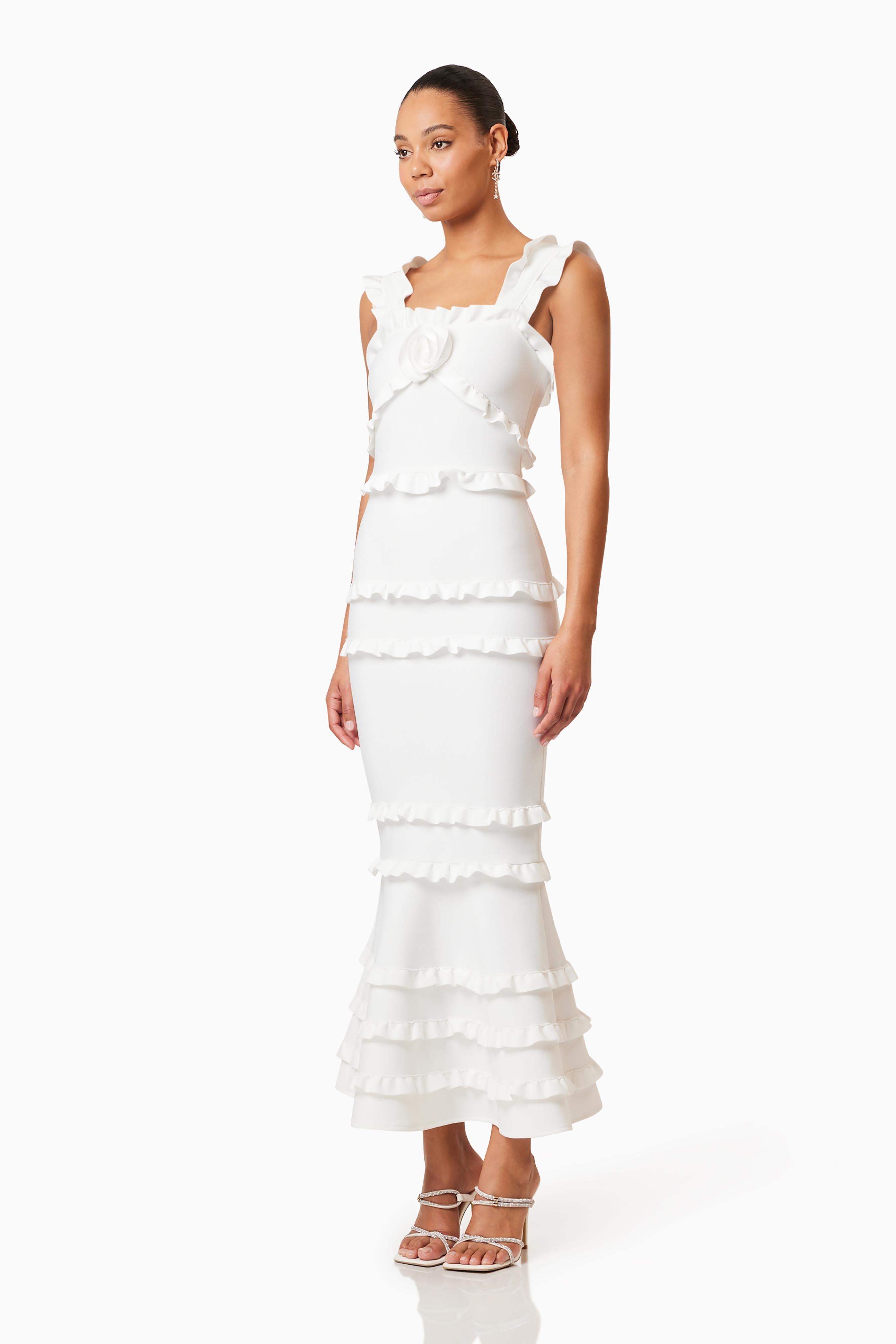 Josephine White Frill Maxi Dress - Elegant Summer Beach Wedding Party Dress for Women