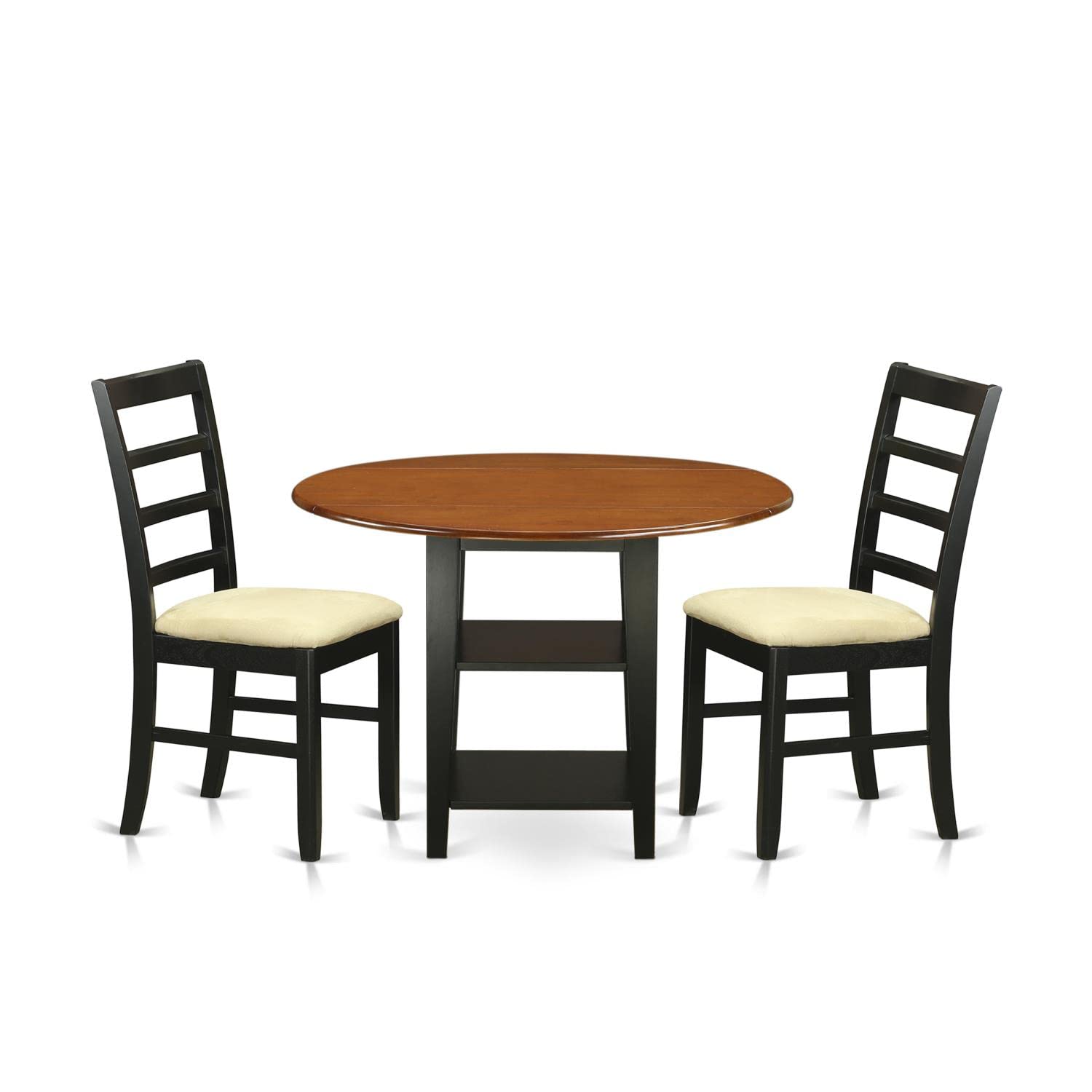 East West Furniture SUPF3-BCH-C 3-Piece Round Dining Table Set with Drop Leaf & Storage Shelves - 42x42 Inch Black & Cherry Kitchen Table with 2 Linen Upholstered Chairs - Perfect for Small Spaces, Breakfast Nooks & Cozy Dining Areas