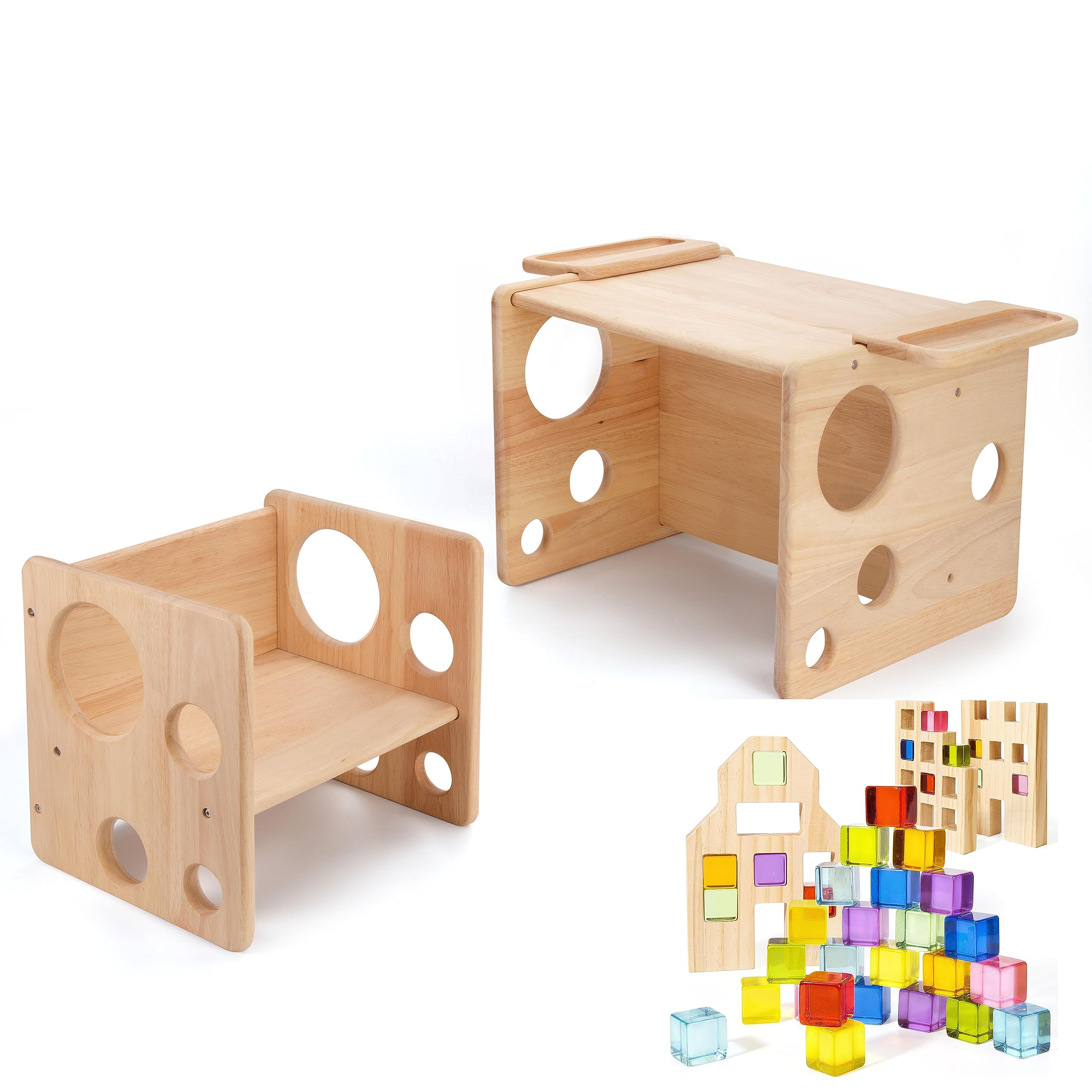 Montessori Weaning Table and Chair Set for Toddlers - Natural Solid Wood Kids Table & Cube Chairs for Boys & Girls with 36-Piece Rainbow Acrylic Gem Building Blocks - Perfect for Early Learning, Playtime & Montessori Classroom Activities