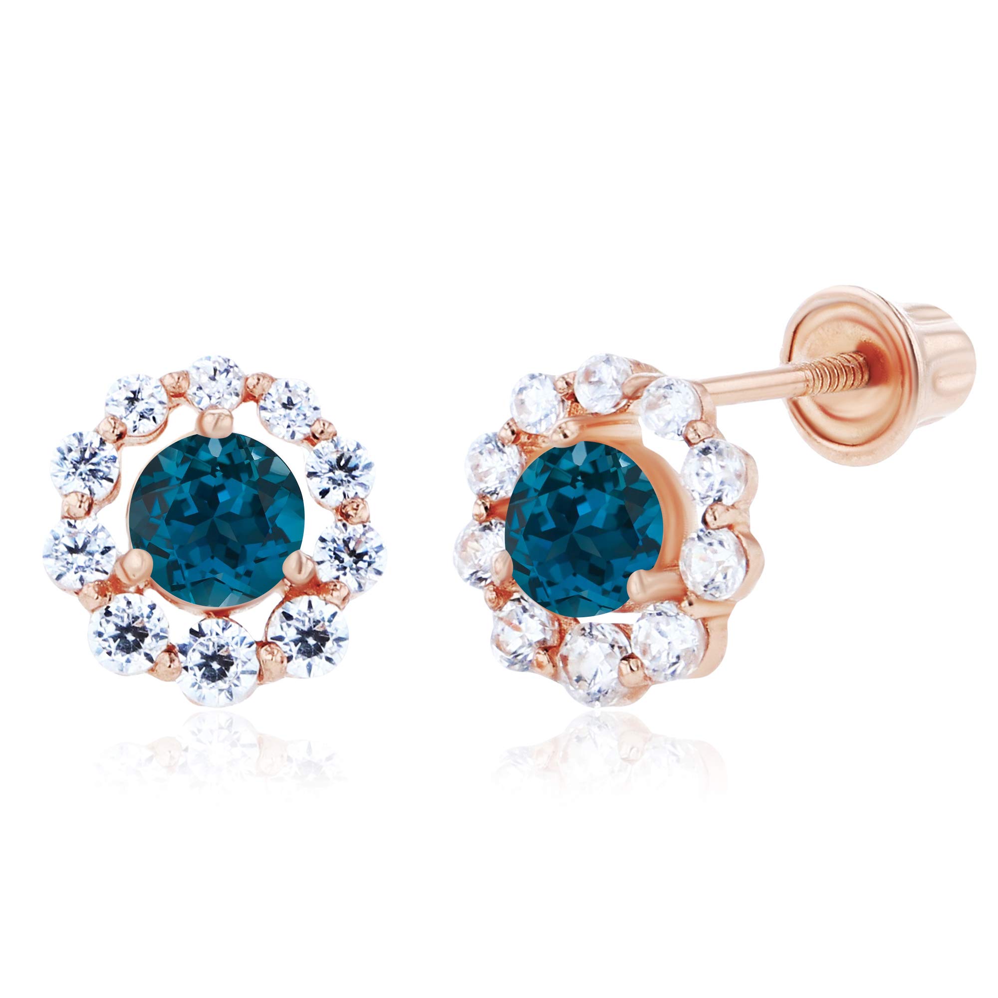 14K Solid Gold 6mm Halo Birthstone Stud Earrings for Women | Natural Gemstone Screw Back Earrings | Perfect for Birthdays, Anniversaries & Everyday Elegance