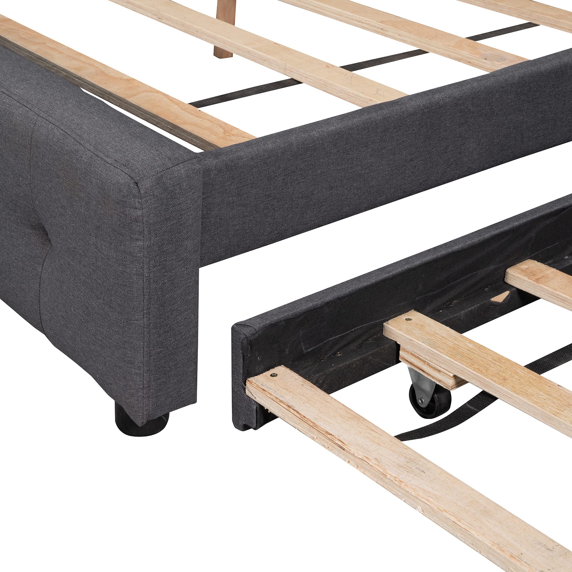 Modern Queen Size Upholstered Platform Bed with 2 Storage Drawers & Twin XL Trundle - Linen Fabric Bed Frame with Tufted Headboard, Mattress Foundation - Space Saving Design (Dark Gray) - Perfect for Small Bedrooms, Guest Rooms & Studio Apartments
