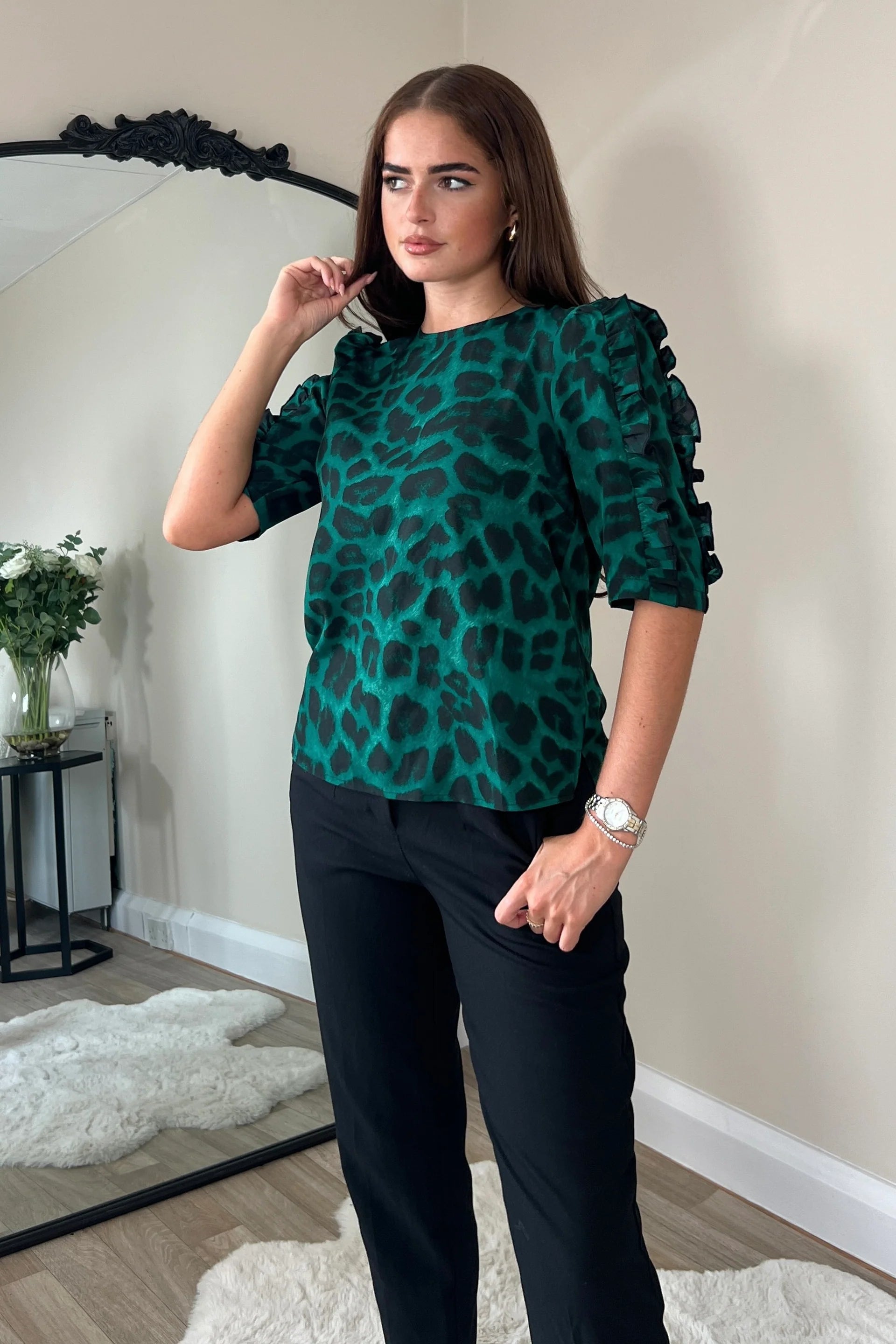 Asher Animal Print Frill Sleeve Blouse - Green Women's Fashion Top for Casual Wear & Party Outfits