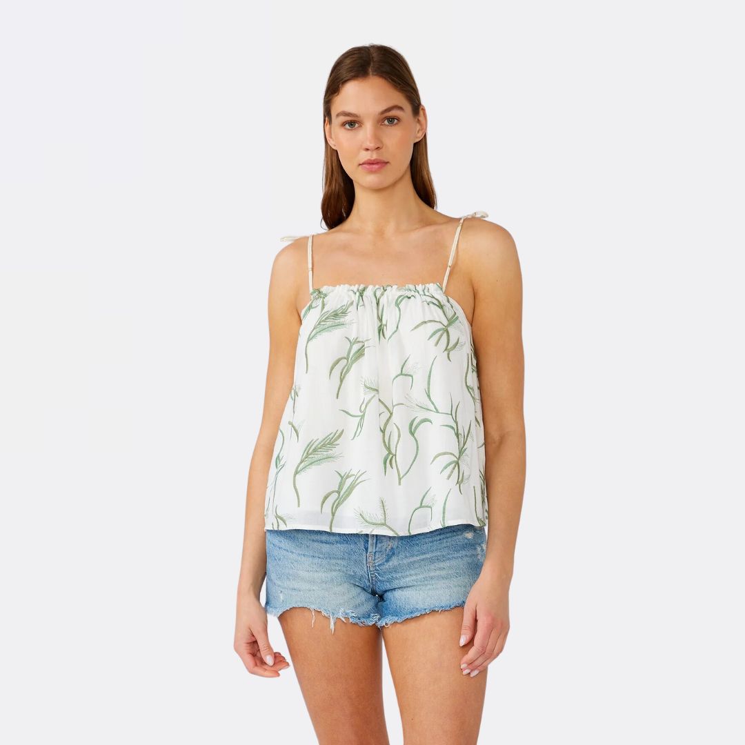 Braided Tie Strap Tank Top for Women - Off White & Green Summer Sleeveless Shirt | Casual Wear, Beach Outfit, Yoga Clothing