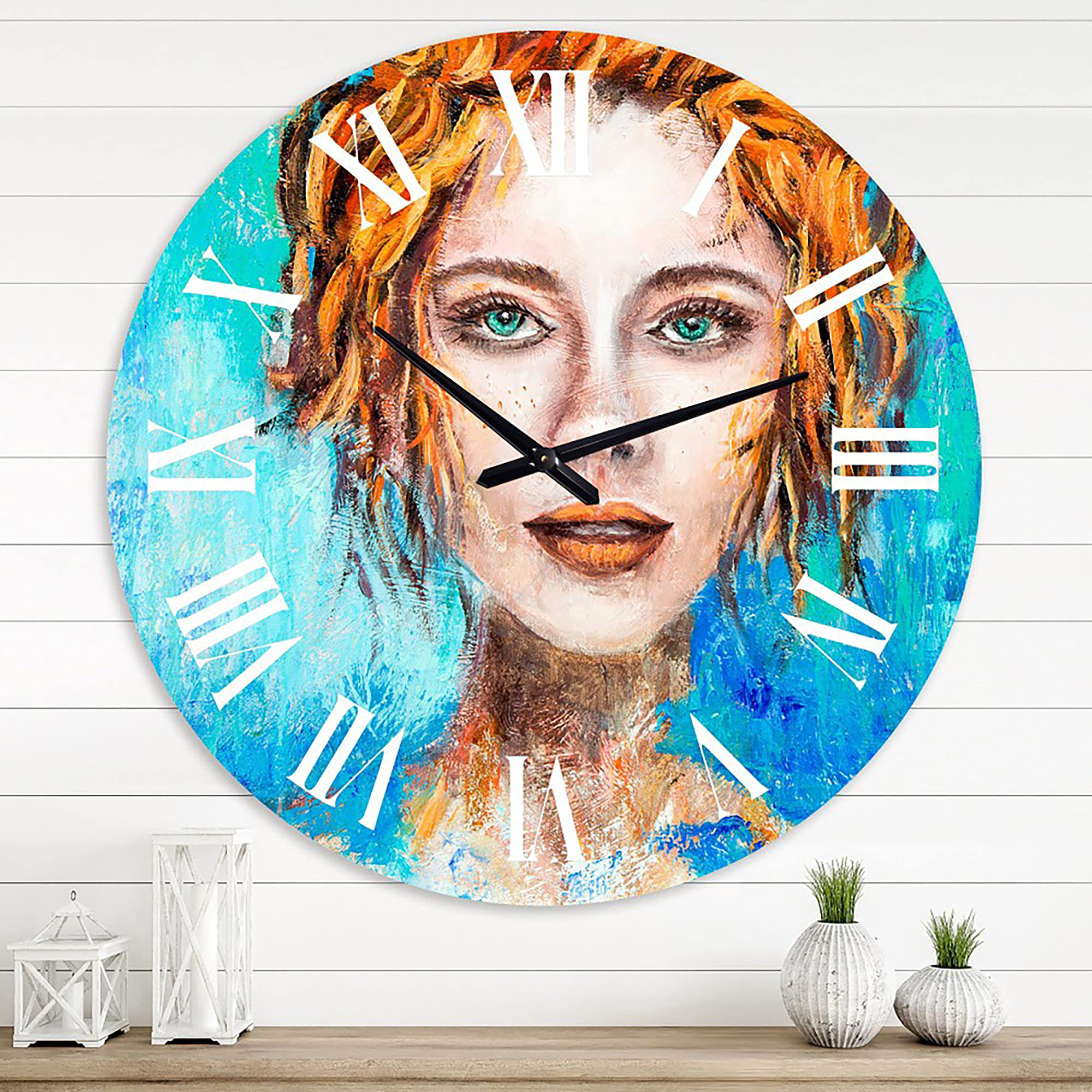 DesignQ Modern Abstract Wall Clock - Woman Face with Green Eyes & Red Hair, Large Fractal Art Home Decor for Living Room, Bedroom & Office