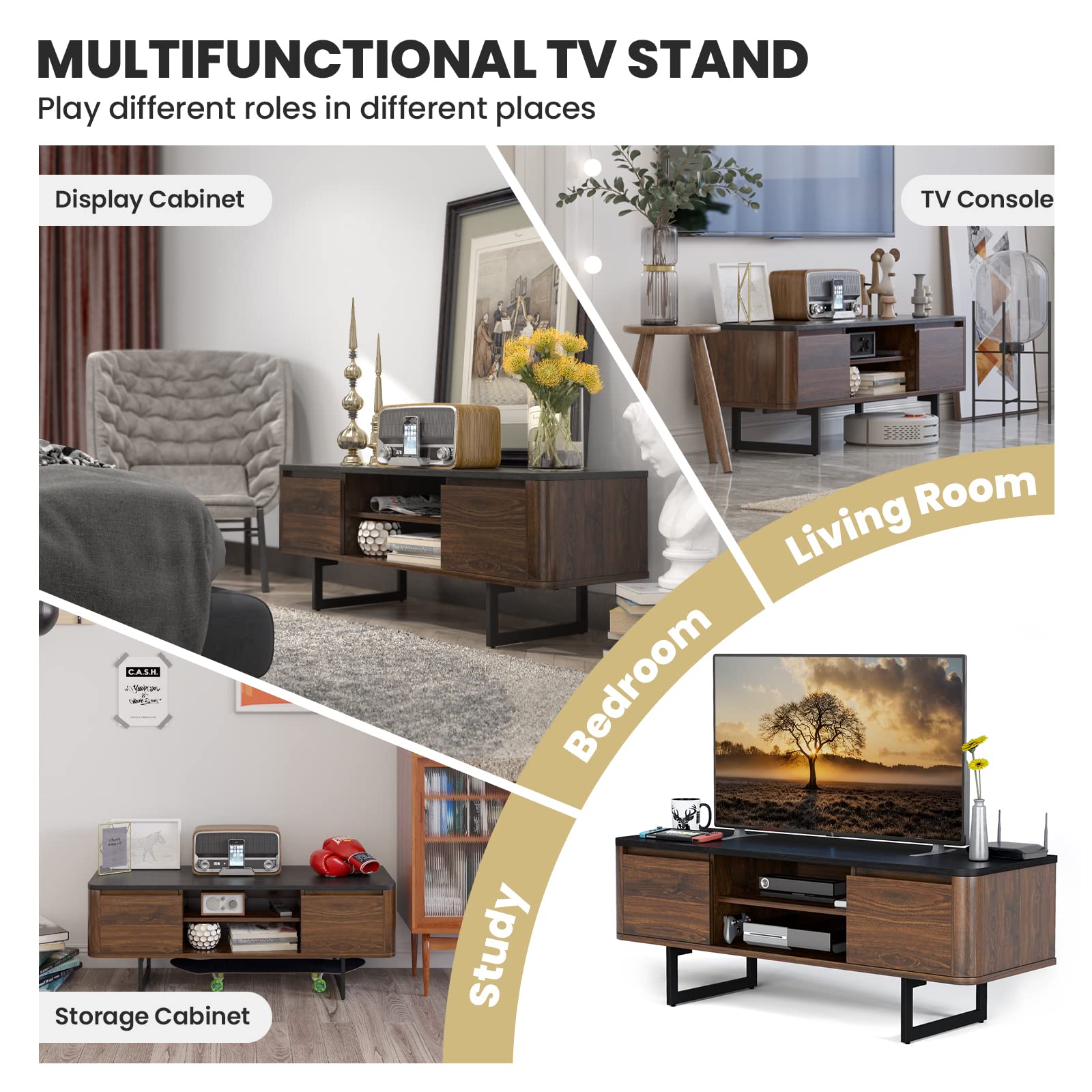 Tangkula 55 Inch TV Stand with Metal Base & 2-Door Storage - Wooden Media Console with Adjustable Shelf & Cable Management - Entertainment Center for Living Room, Bedroom - Brown (Perfect for Home Theater Setup & Living Room Organization)