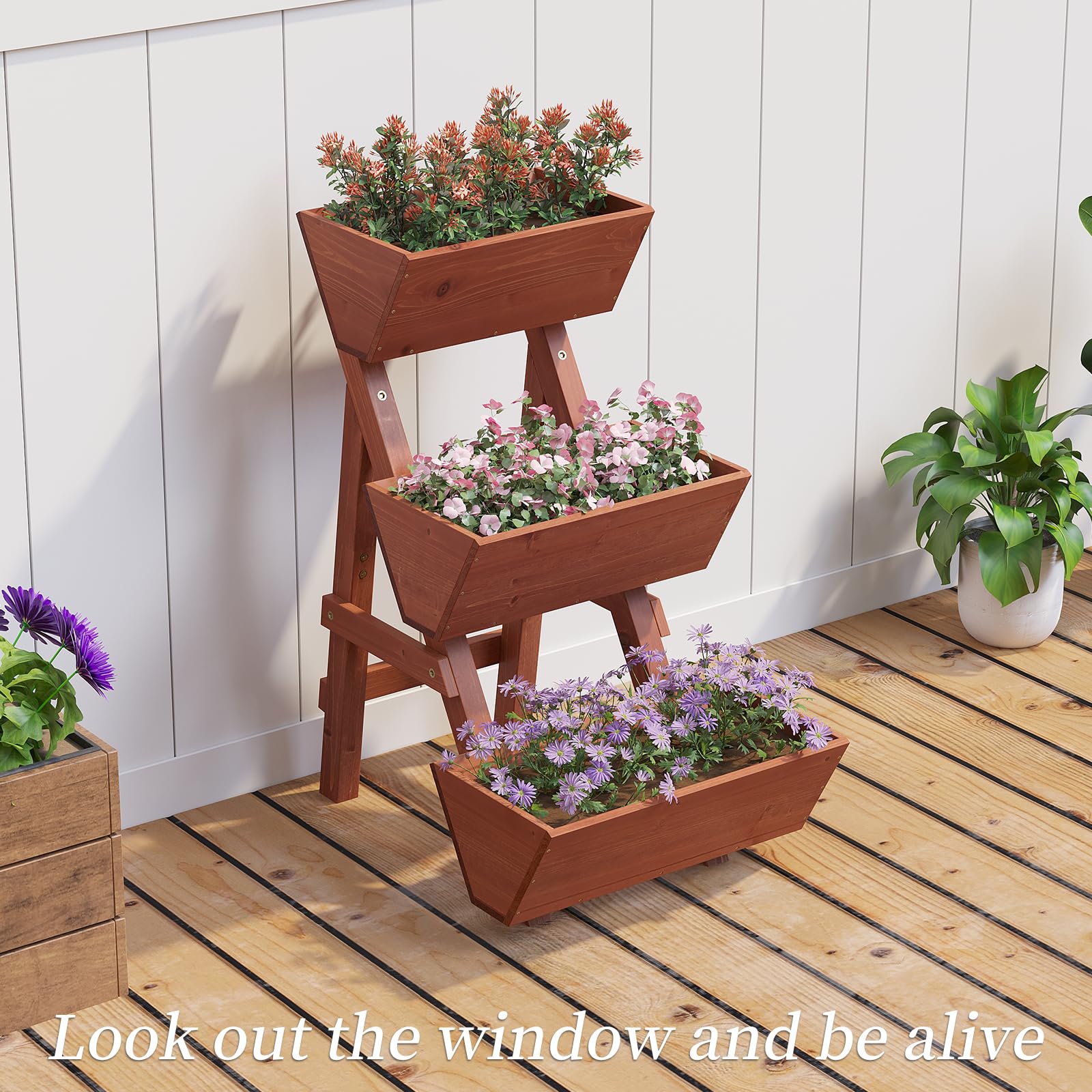 3-Tier Wooden Raised Garden Bed - Outdoor/Indoor Planter Box for Vegetables, Flowers, Herbs | Durable Wood Plant Stand for Patio, Balcony, Backyard Gardening (Brick Red, Small Size)