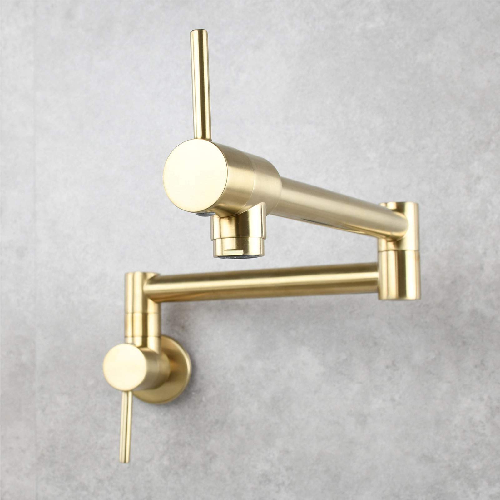 Brass Pot Filler Faucet Wall Mount, Brushed Gold Dual Swing Folding Arms Rotatable Joints Two Handle Kitchen Tap for Stove and Cooking Convenience