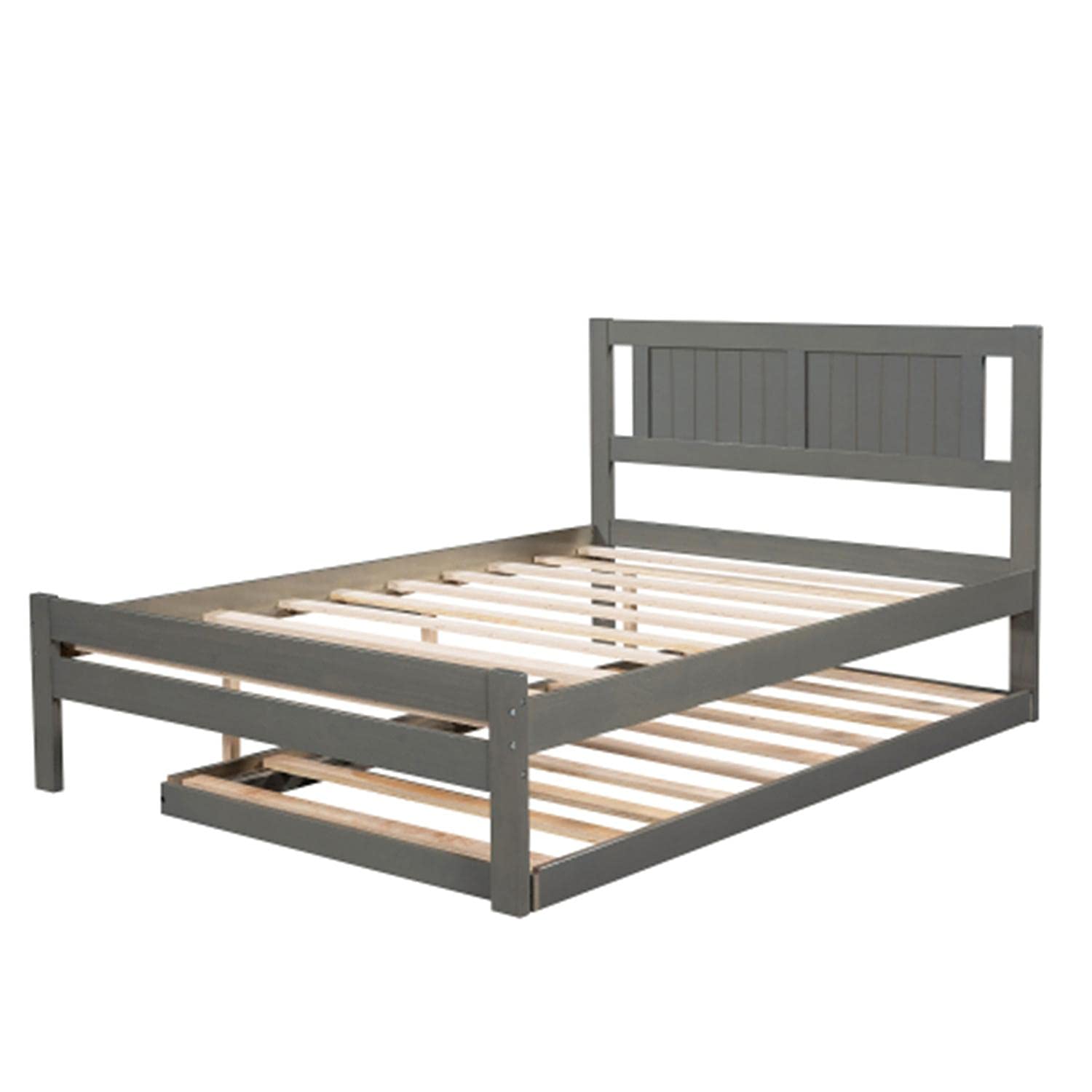 Full Size Platform Bed Frame with Adjustable Trundle - Solid Wood Extendable Bed for Adults, Kids & Teens - Gray Modern Bedroom Furniture for Small Spaces & Guest Rooms