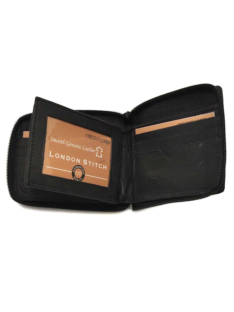 London Stitch LS392 Men's Genuine Leather Zip Around Wallet - RFID Blocking, Multiple Card Slots & ID Window - Perfect for Travel, Business & Everyday Use (Black)