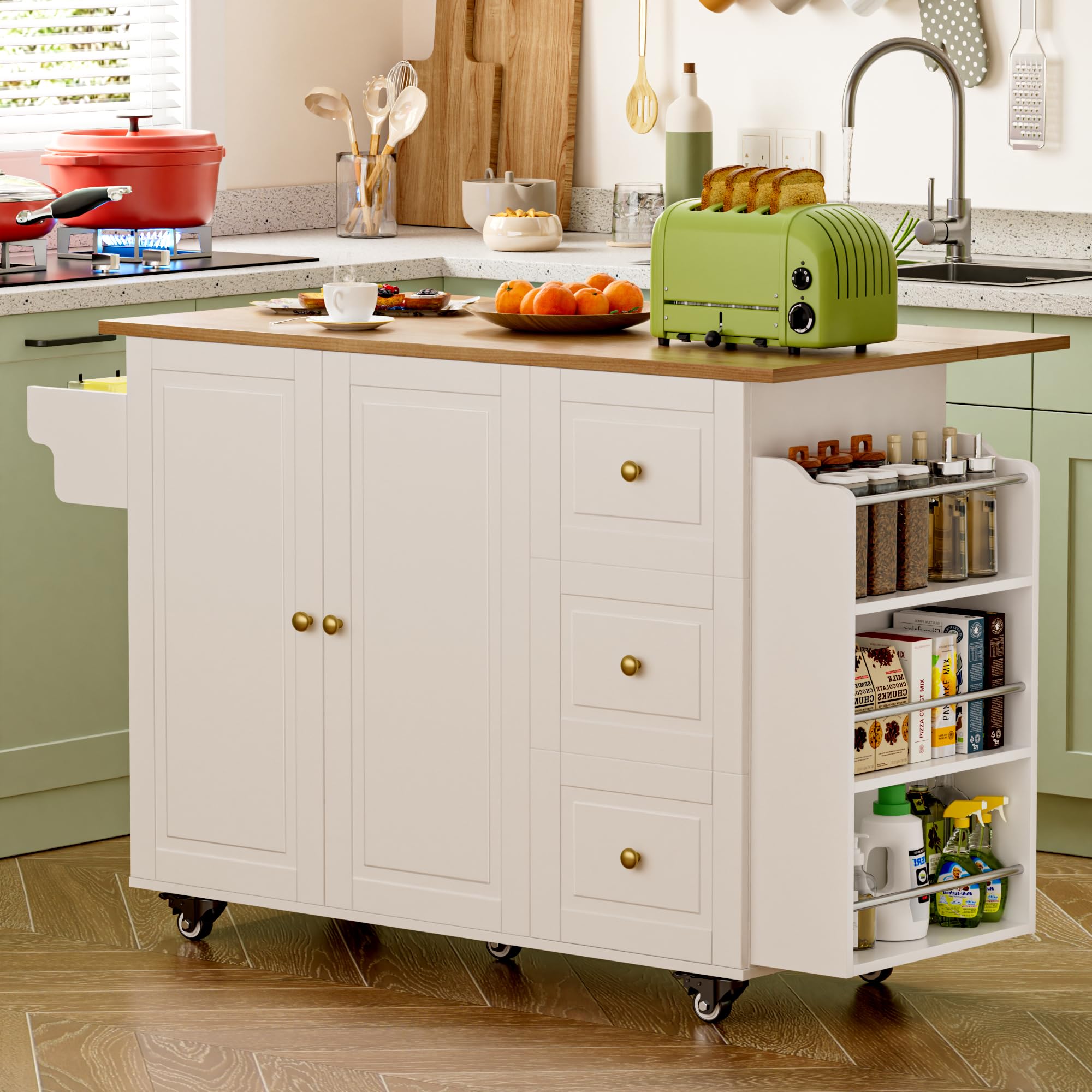 White Rolling Kitchen Island Cart with Drop Leaf, 3 Drawers & Adjustable Shelves - Mobile Storage Cabinet with Towel Rack & Spice Rack for Small Kitchen Space Saving | Perfect for Apartments, Cooking Prep & Extra Counter Space