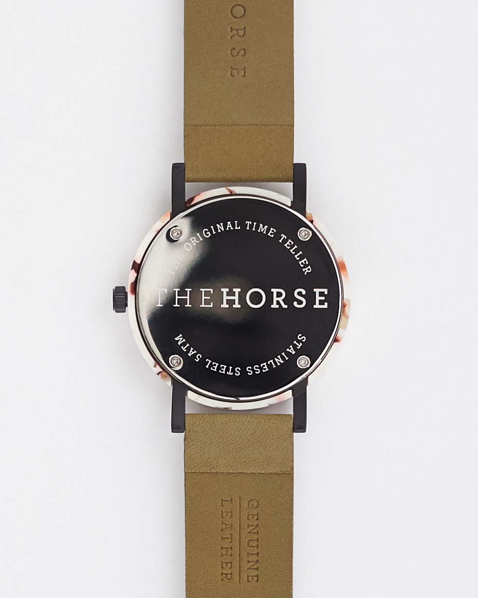 Resin Nougat Shell Watch with White Dial & Olive Leather Strap - Perfect for Casual, Business, and Outdoor Activities
