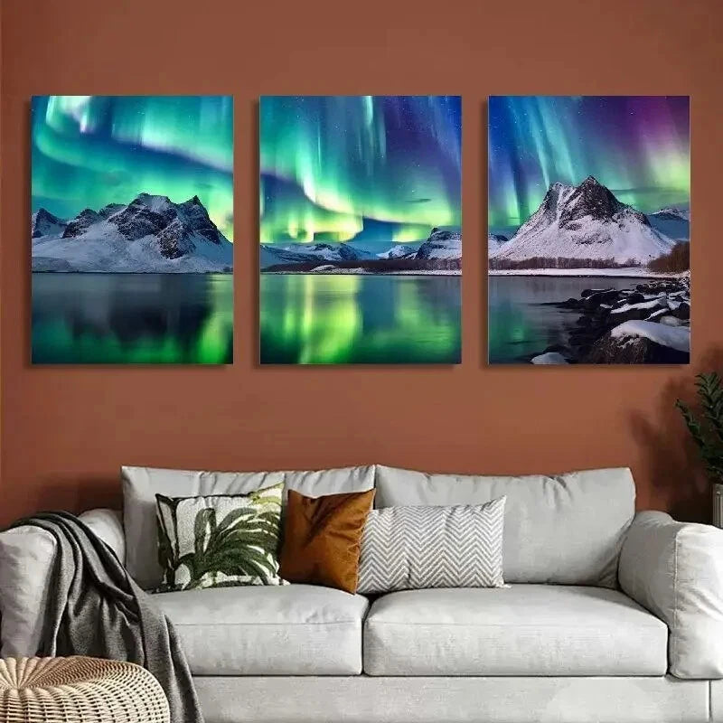 3-Piece Aurora Borealis Mountains Lake Wall Art Set - Framed Canvas 50x70cm - High Quality Print - 100% Australian Made - Ready to Hang - Perfect for Living Room, Bedroom & Office Decor
