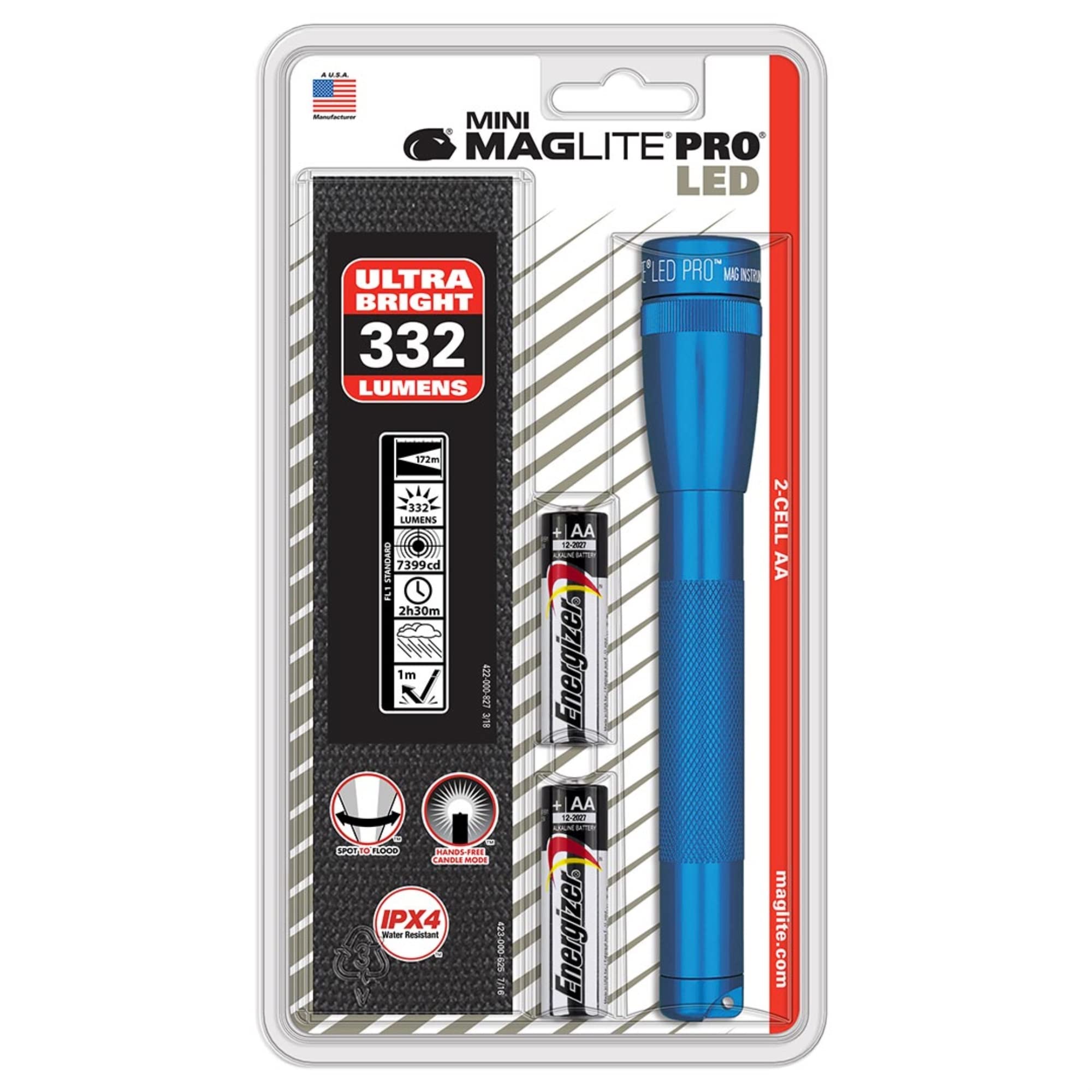 Maglite SP2P11H LED 2-Cell AA PRO Flashlight with Batteries & Holster - Blue Tactical Flashlight for Camping, Hiking, Emergency & Outdoor Activities