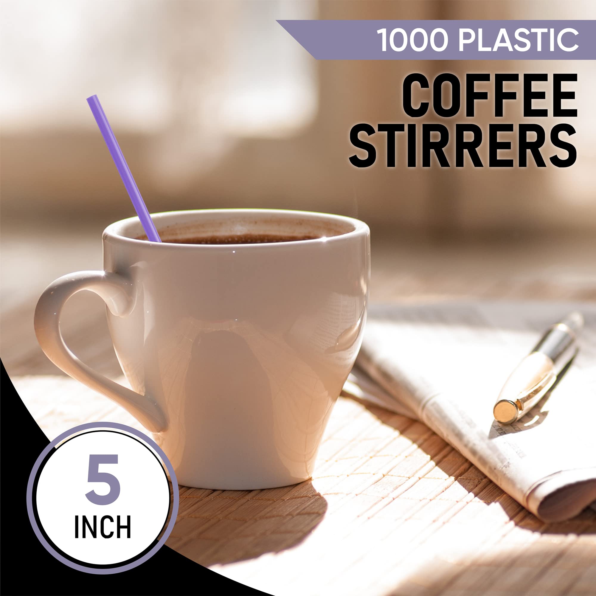 1000 Pack 5-Inch Purple Plastic Coffee Stirrers & Cocktail Straws - Disposable Stir Sticks for Coffee Bars, Restaurants, and Home Use - Made in USA (Perfect for Iced Coffee, Tea, Smoothies, and Beverage Mixing)