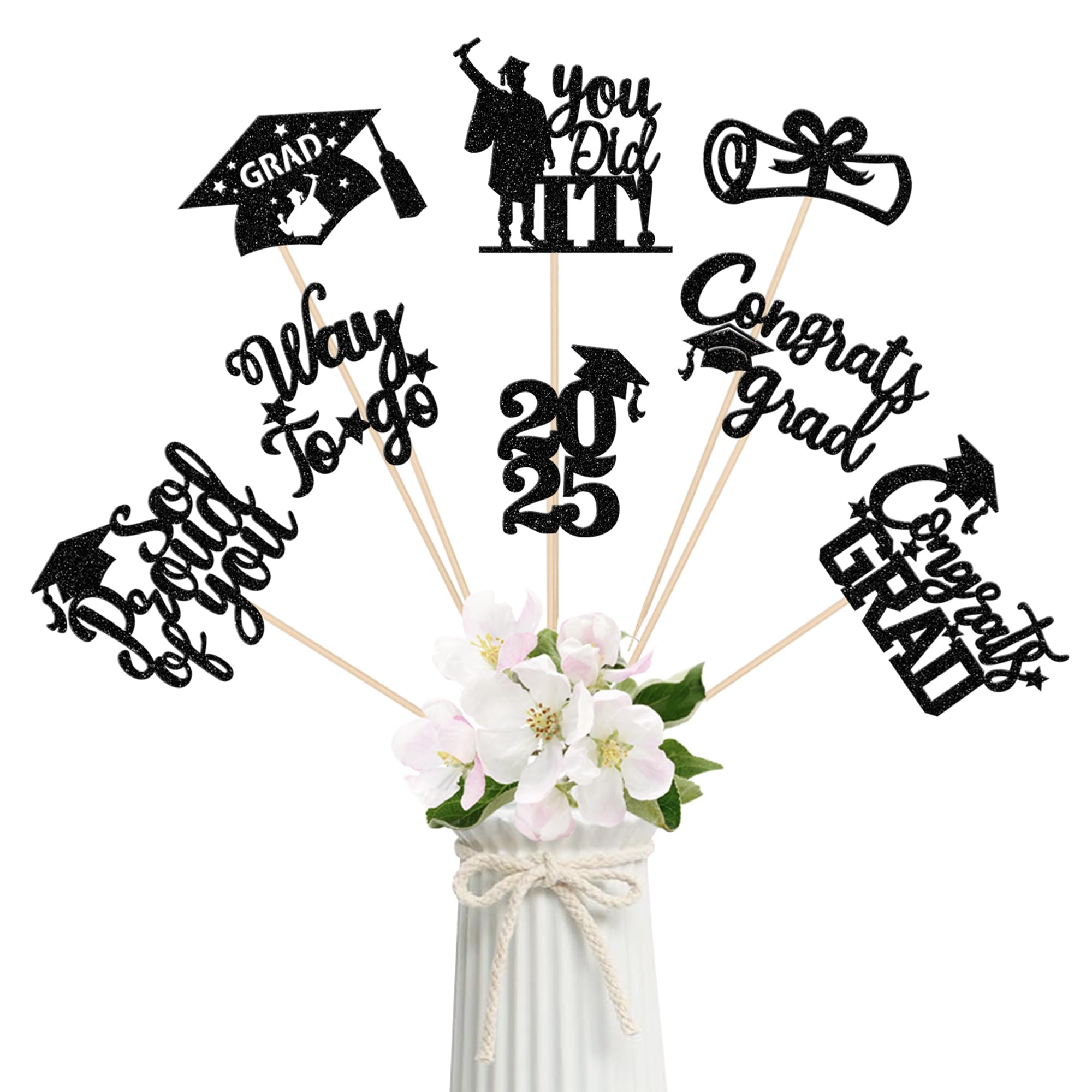 Rsstarxi 16 Pack Graduation Centerpieces 2025 - Double Sided Glitter Class of 2025 Table Toppers - So Proud of You Congrats Grad Decorations - Perfect for High School & College Graduation Parties, Ceremonies & Photo Backdrops (Black)