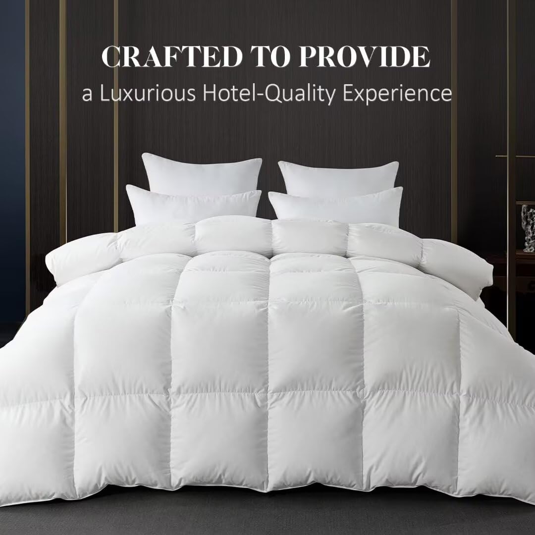 Premium Feather Down Fiber Comforter - All Season Luxury White Bedding - Ultra Soft 100% Cotton Duvet Insert - King Size 106x90 Inches - Perfect for Master Bedrooms, Guest Rooms & Cozy Winter Nights