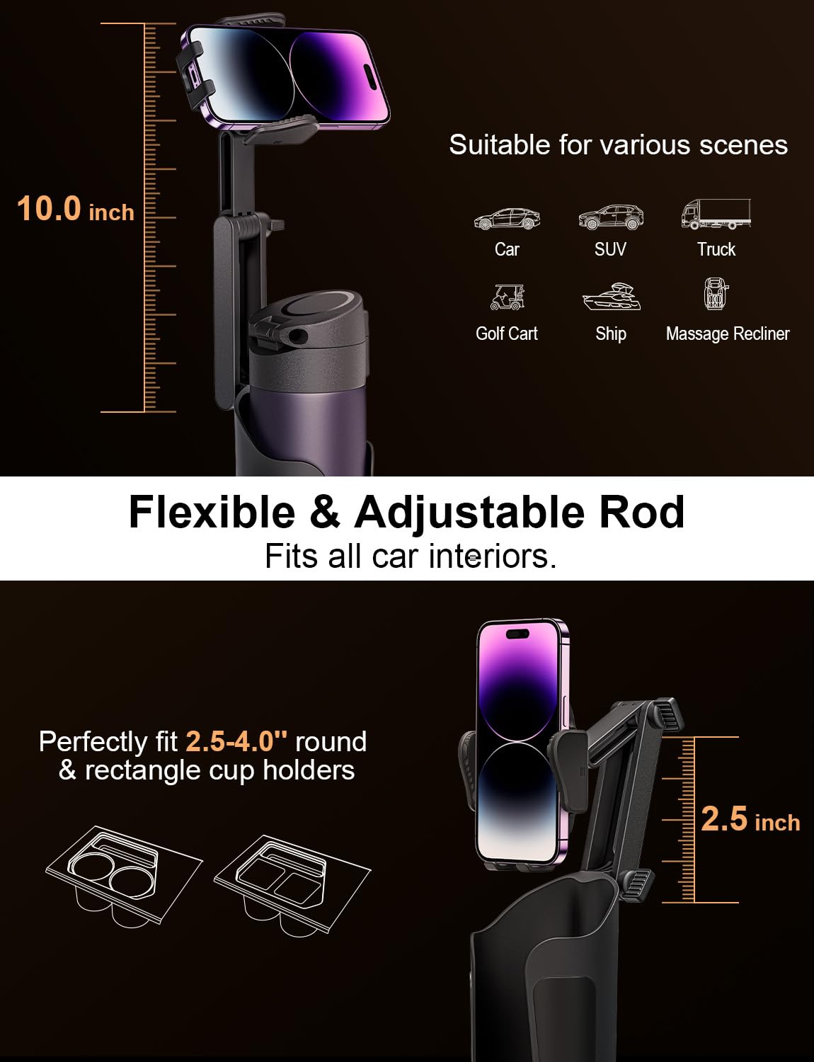 2-in-1 Car Cup Holder and Phone Mount - Adjustable Height, Sturdy Grip for 4-7 Inch Phones, Compatible with Most Beverage Bottles | Perfect for Road Trips, Commuting, and Hands-Free Navigation
