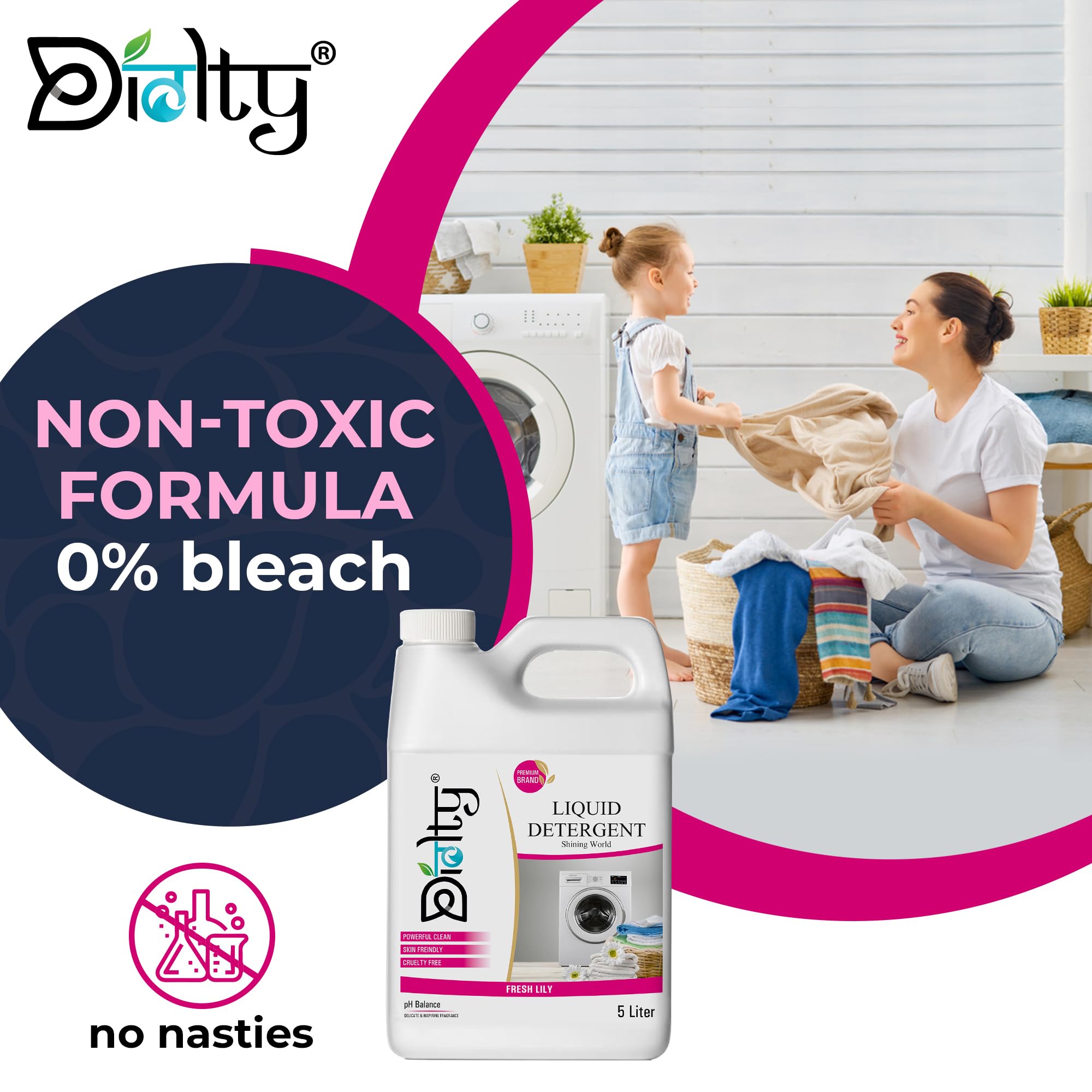 Diolty Liquid Laundry Detergent 5L - Concentrated Formula for Top Load & Front Load Washers (Lily Scent) - Gentle on Clothes, Ideal for Families & Large Loads