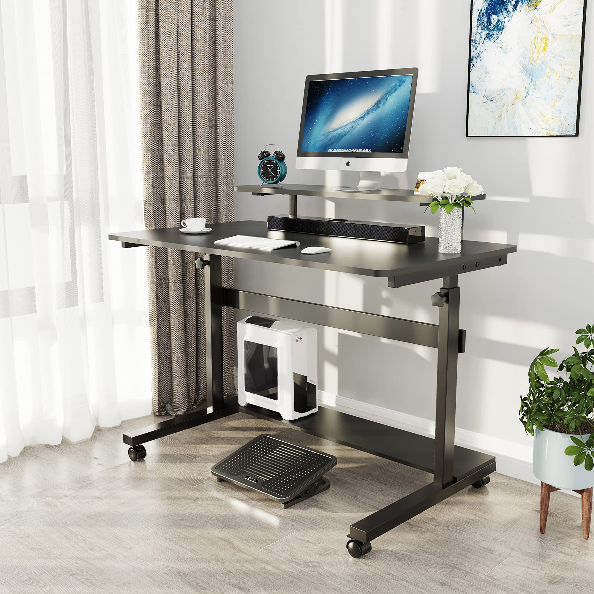 Eureka Ergonomic 41-Inch Adjustable Height Computer Desk with Hutch, CPU Stand & Lockable Wheels - Rolling Sit Stand Desk for Home Office - Black | Perfect for Small Spaces & Remote Work
