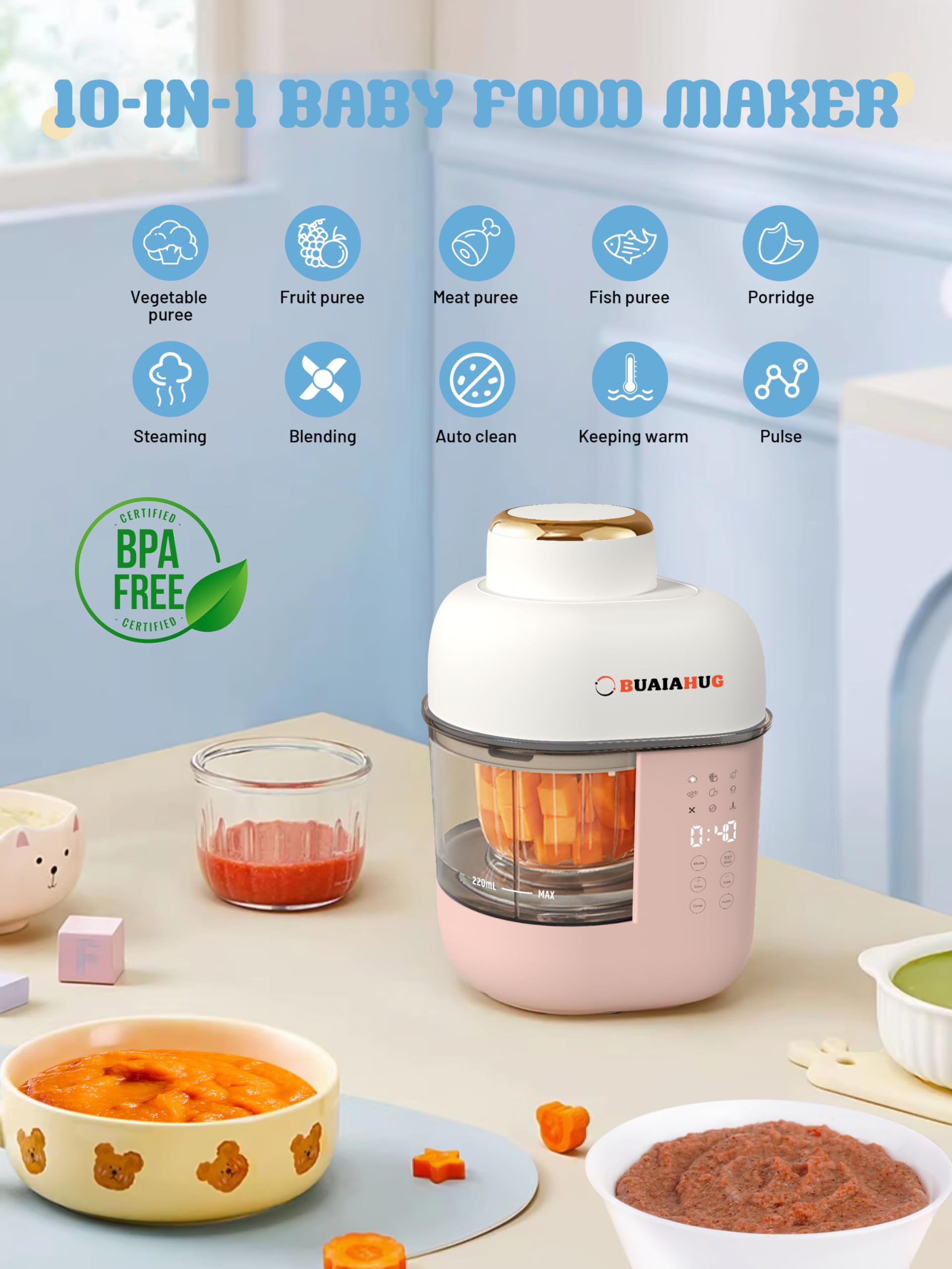 2024 New 10-in-1 Baby Food Maker & Processor with Steamer, Blender, Cooker & Masher | Puree Machine with Keep Warm & Timer | Dishwasher Safe & Touch Screen Control (Pink) | Perfect for Homemade Baby Food Preparation & Meal Prep