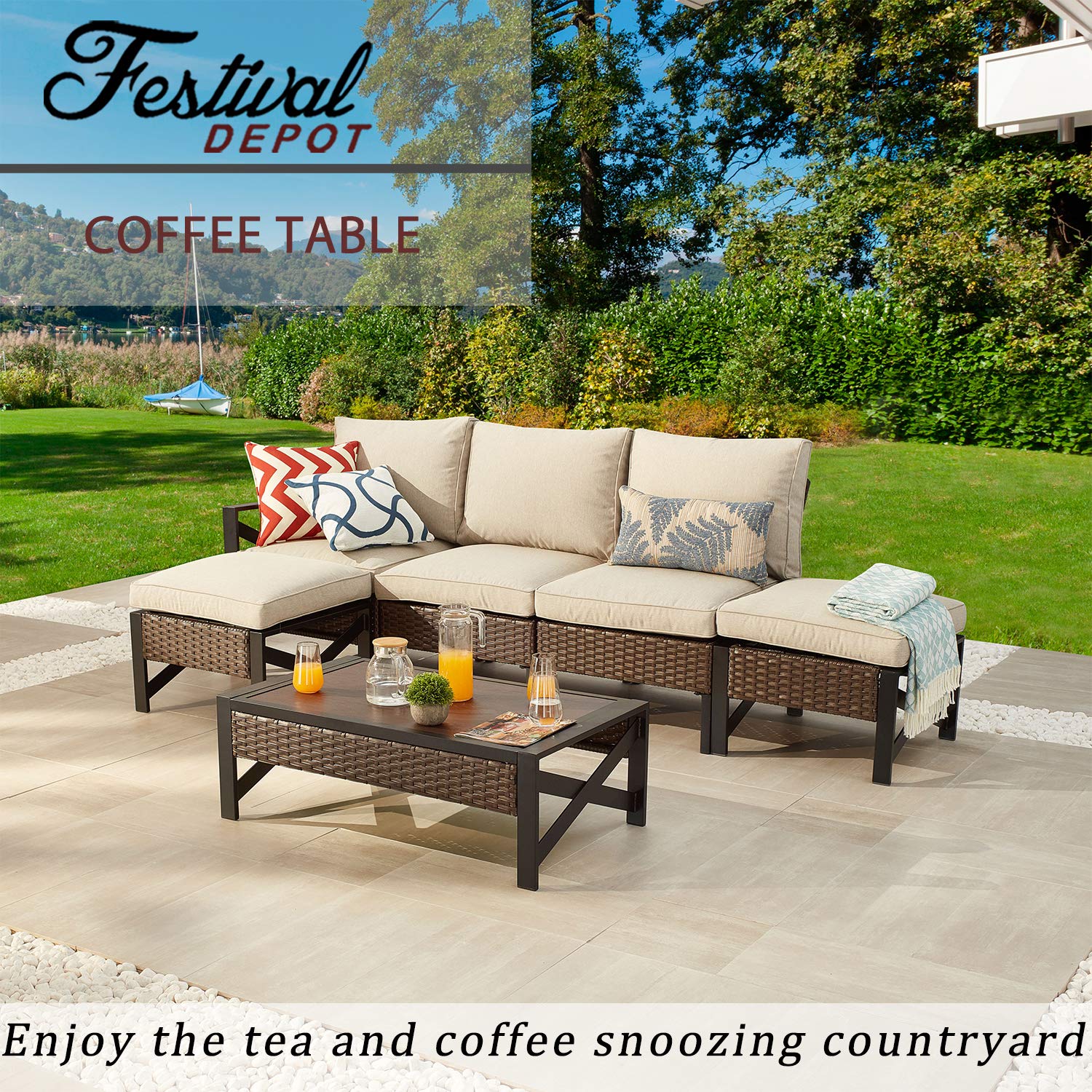 Festival Depot Patio Coffee Table - Wicker Rattan Outdoor Furniture with Wood Grain Top - Perfect for Bistro, Deck, Garden & Backyard (Rectangle)