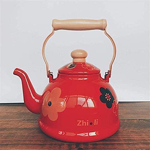 Stainless Steel Whistling Tea Kettle 2.5L - Enamel Stovetop Teapot with Wooden Handle & Floral Pattern (Red) - Perfect for Home, Kitchen, Office & Tea Lovers