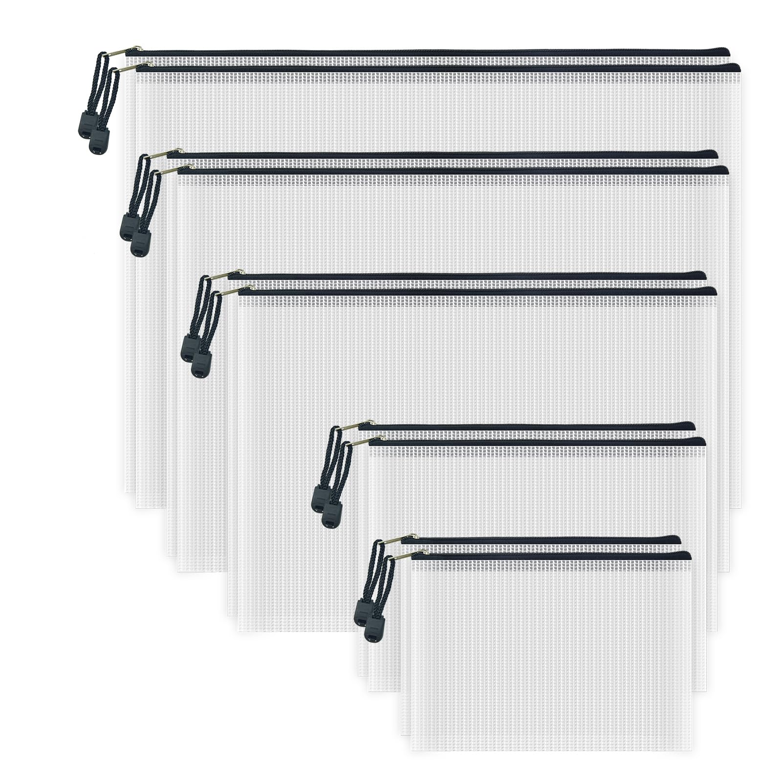 10-Pack Waterproof Mesh Zipper File Bags - Multi-Size Document Organizer for Office & School Supplies - Durable Plastic Storage Pouches for Board Games, Travel & Craft Organization (White & Black)