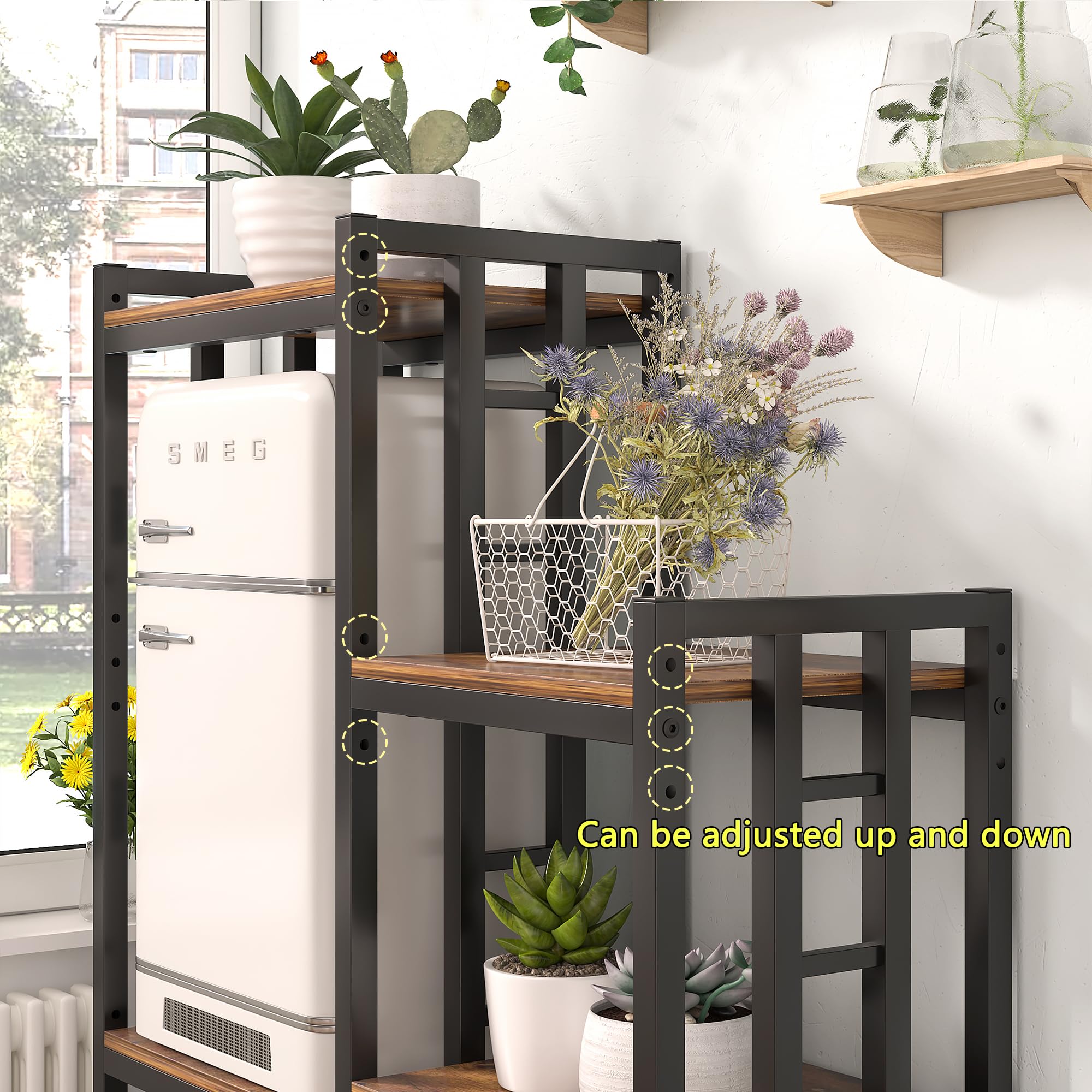 6-Tier Kitchen Baking Rack - Adjustable Multi-Function Storage Shelf for Microwave, Mini Fridge & Coffee Bar - Freestanding Organizer for Small Spaces - Rusty Brown - Perfect for Kitchen, Pantry & Home Office Organization
