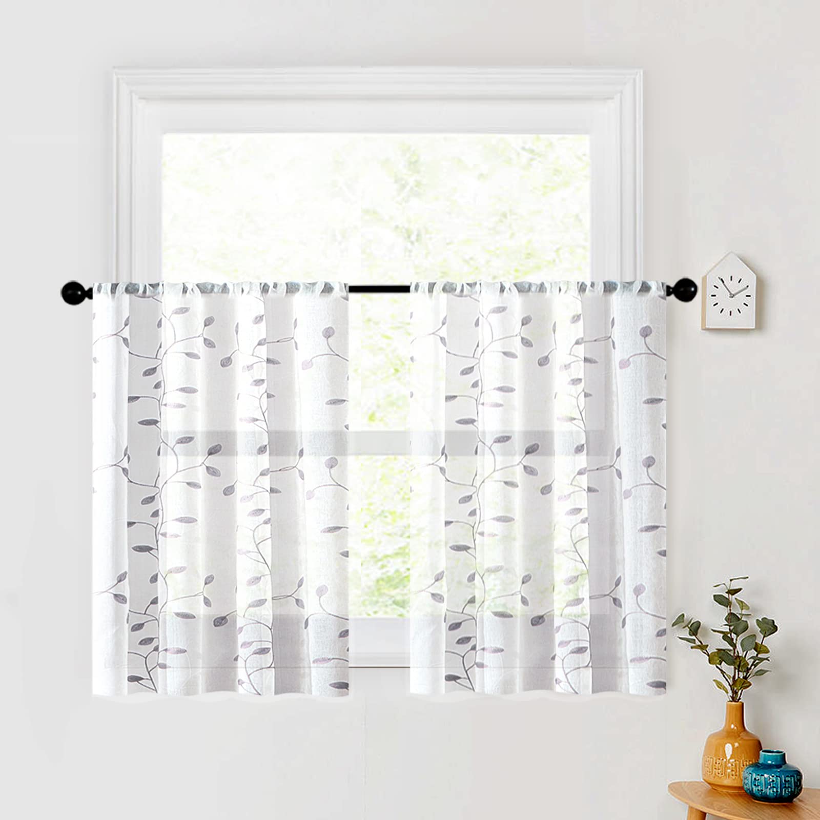 MRTREES Sheer Tier Curtains 30x24 Inches - Voile Kitchen & Bathroom Window Curtains with Leaves Embroidery, Rod Pocket Design, Light Filtering Half Window Treatment for Bedroom, Living Room (Set of 2 Panels, Grey) - Perfect for Small Windows, French Doors & Cozy Spaces