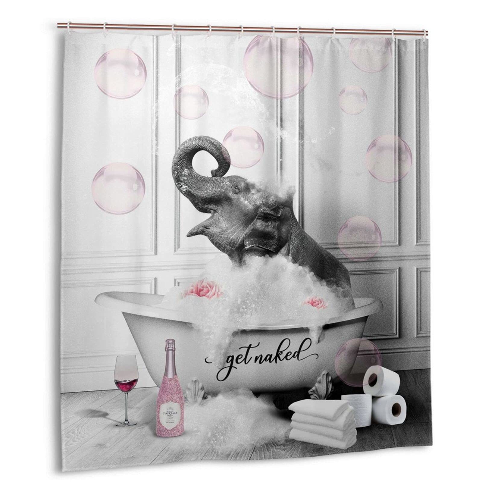 Funny Elephant in Bathtub Shower Curtain with Pink Bubbles - Grey Animal Theme Waterproof Polyester Bathroom Decor (66x72 Inch) - Perfect for Kids' Bathrooms, Themed Showers & Unique Home Decor