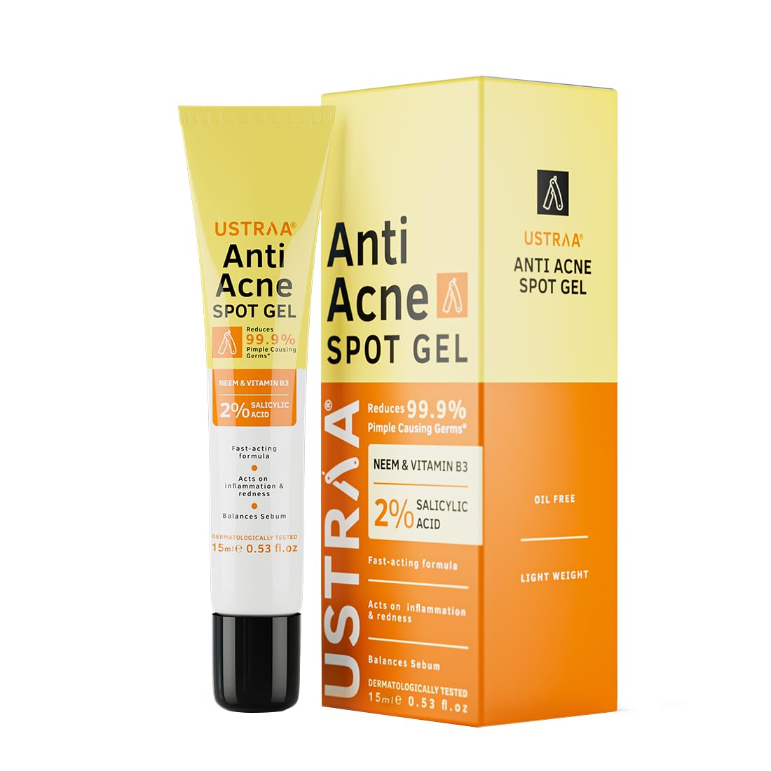 Ustraa Anti-Acne Spot Gel - 15ml | 99.9% Pimple Germ Reduction | 2% Salicylic Acid for Dead Skin & Pore Cleansing | Dermatologist Tested Oil-Free Formula | Reduces Acne & Redness | Perfect for Daily Skincare & Teen Acne Treatment