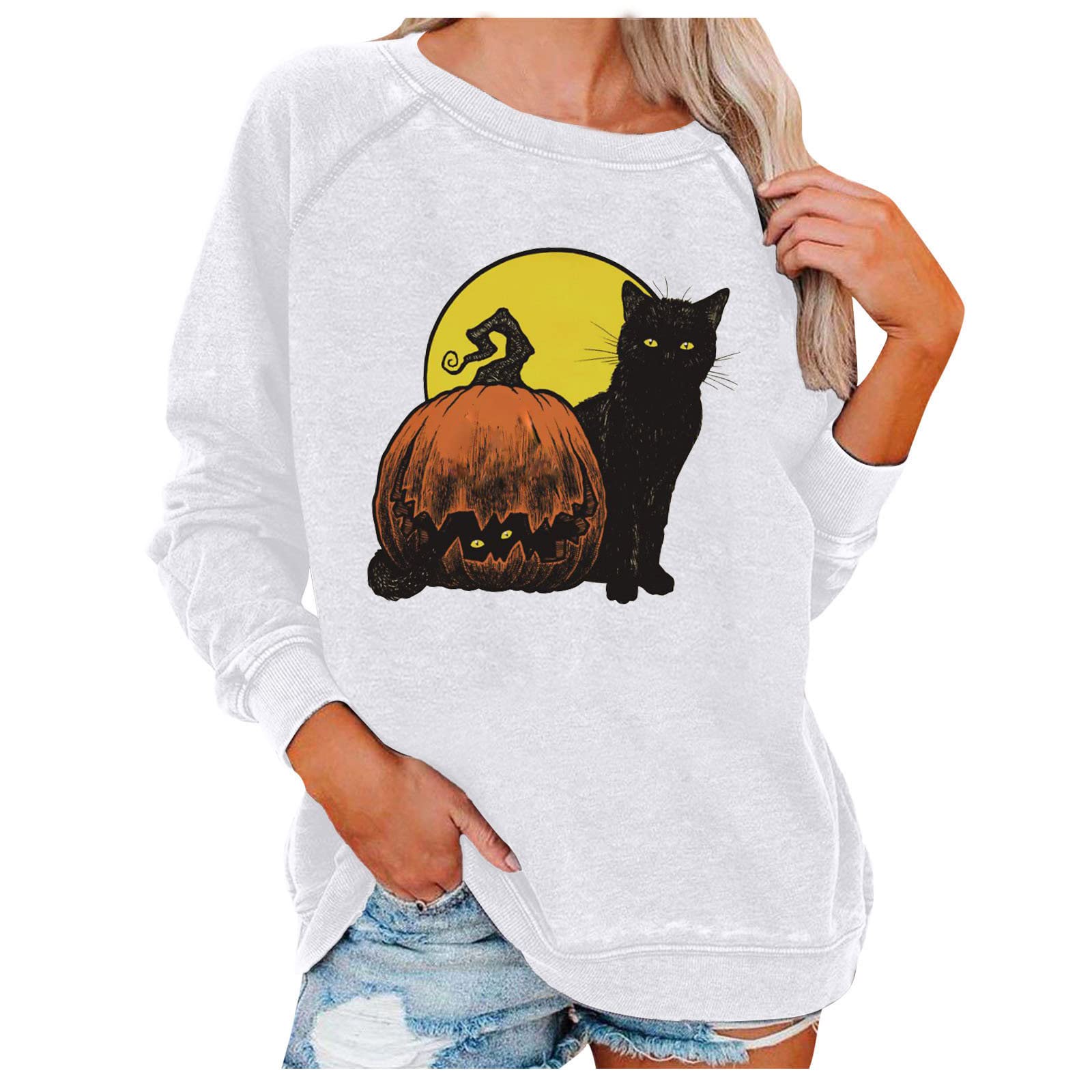 Women's Long Sleeve Sweatshirt - Pumpkin & Black Cat Halloween Print Pullover, Casual Loose Fit Round Neck Shirt | Perfect for Halloween Parties, Fall Outfits & Cozy Everyday Wear